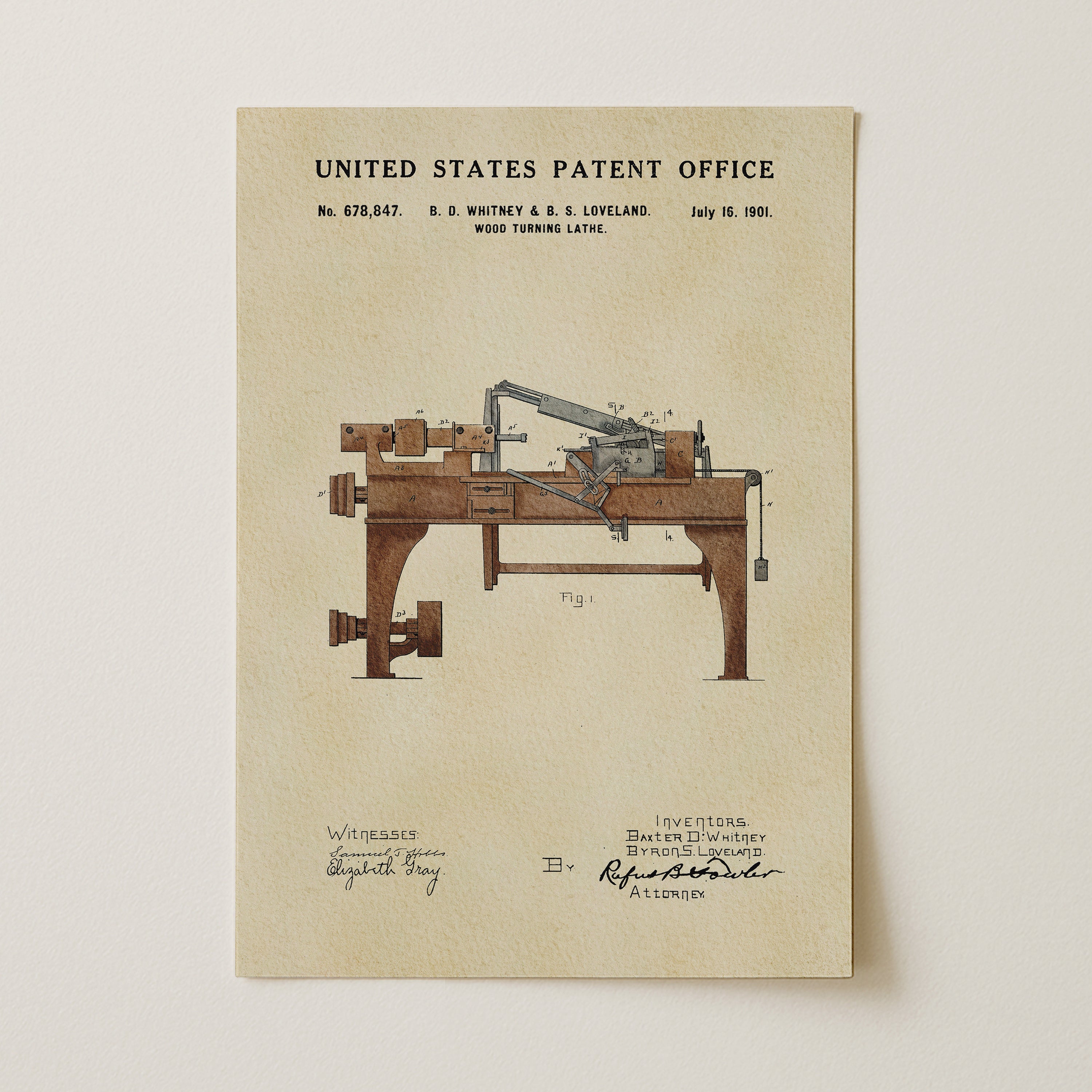 The image is a patent application from the United States Patent Office, dated July 16, 1901, for a woodworking lathe.