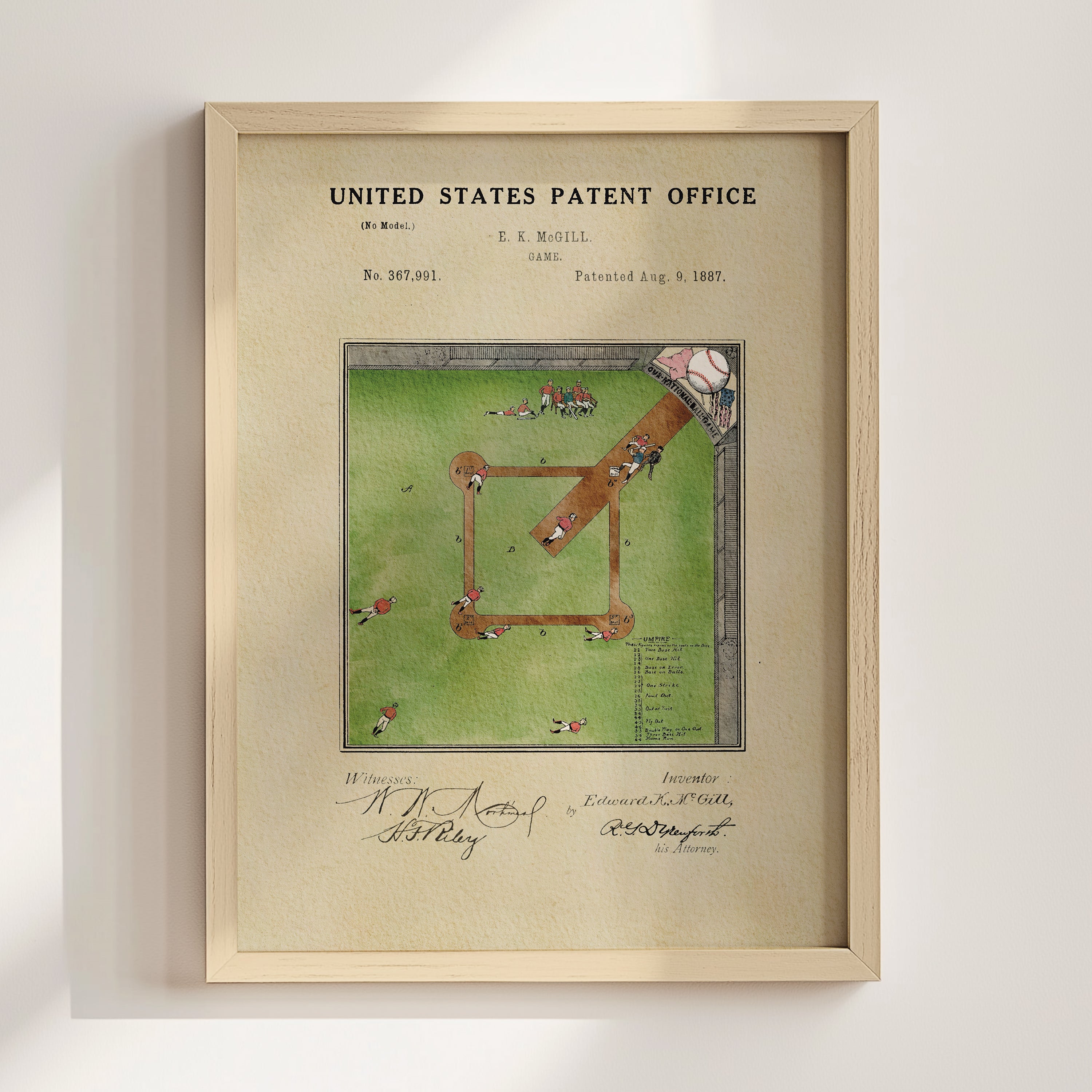 The image is a framed print of a baseball field with a baseball and a baseball bat, depicting a scene of a baseball game.