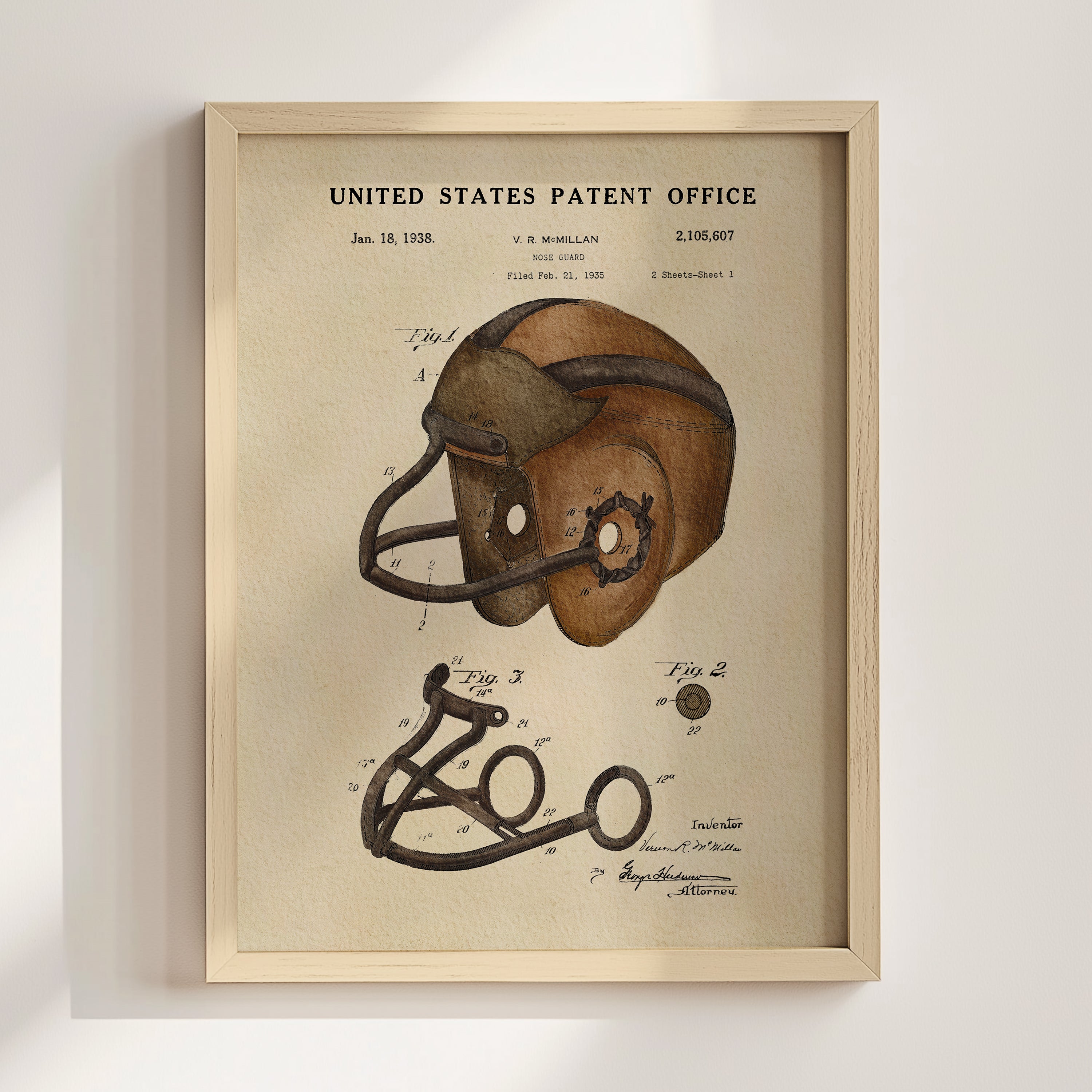 The image is a framed patent drawing depicting a football helmet with a face guard, dated January 18, 1938.