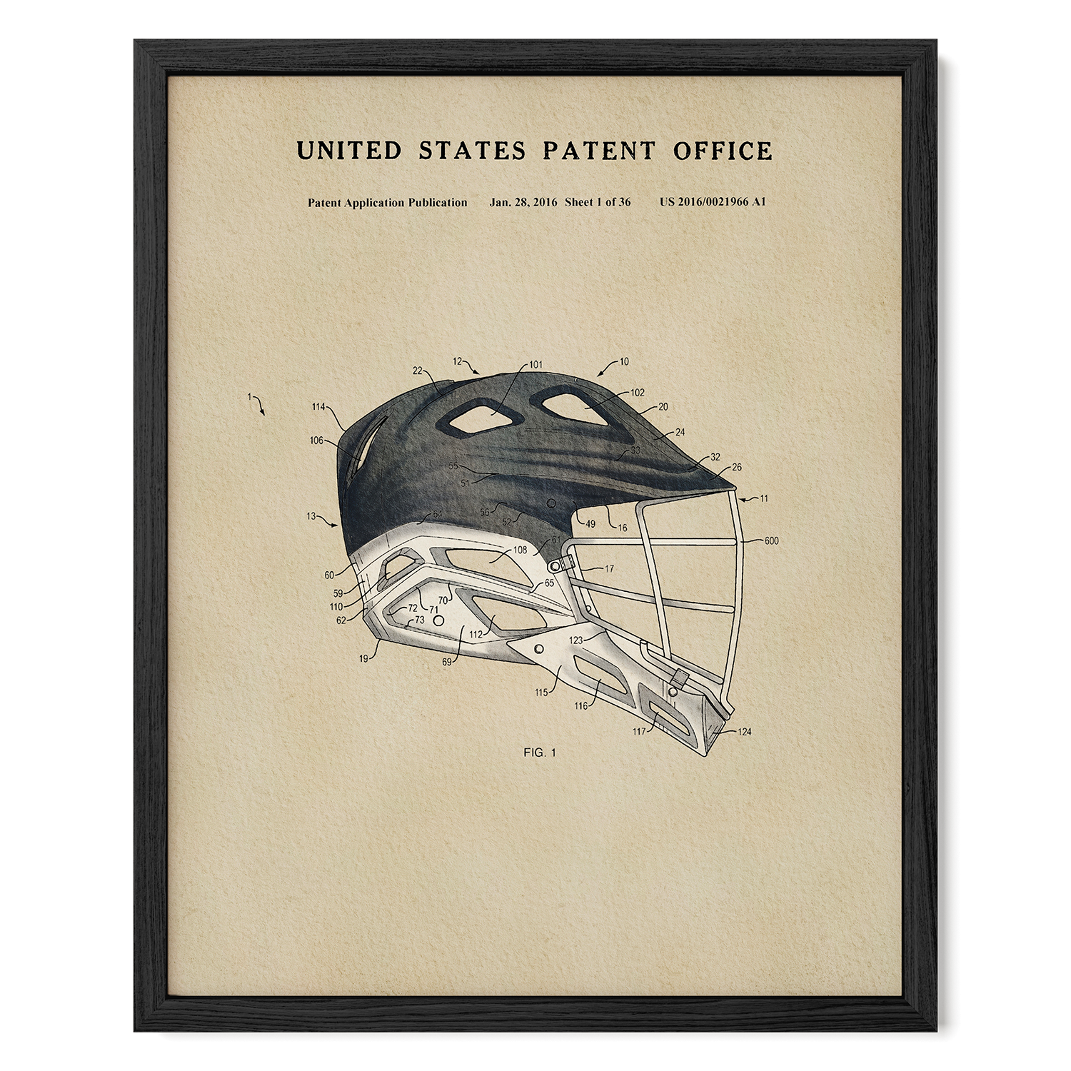 A framed patent drawing of a lacrosse helmet, depicting the design and features of the helmet.