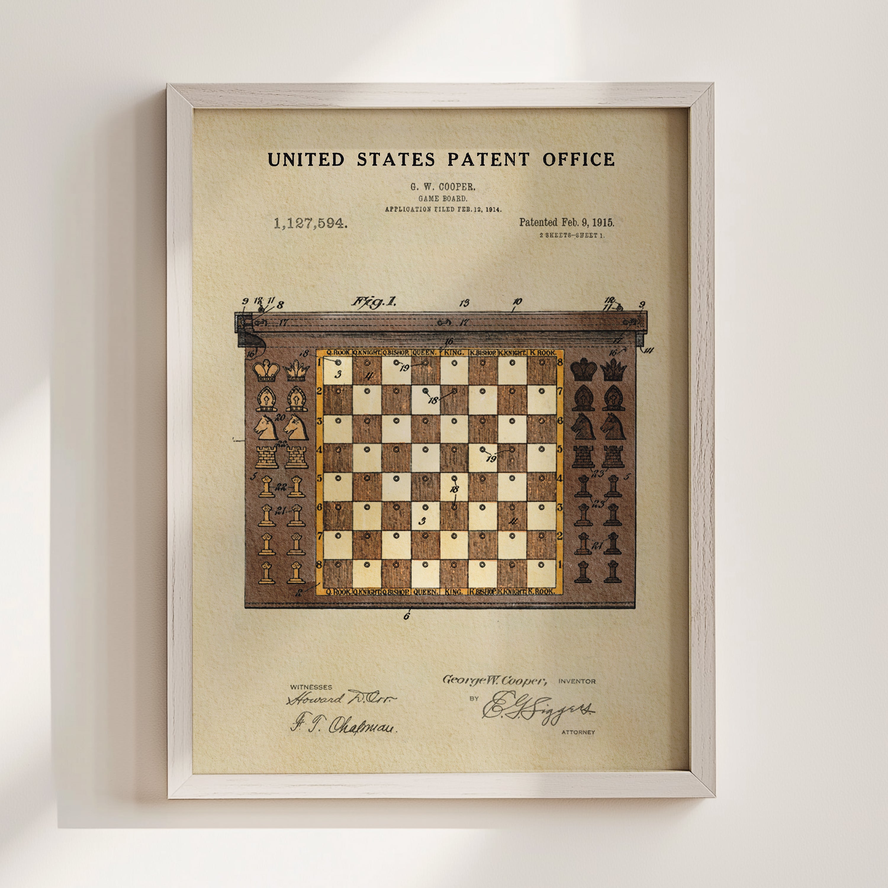 The image is a framed print of a chess game's patent invention from the United States Patent Office, dated February 15, 1915.