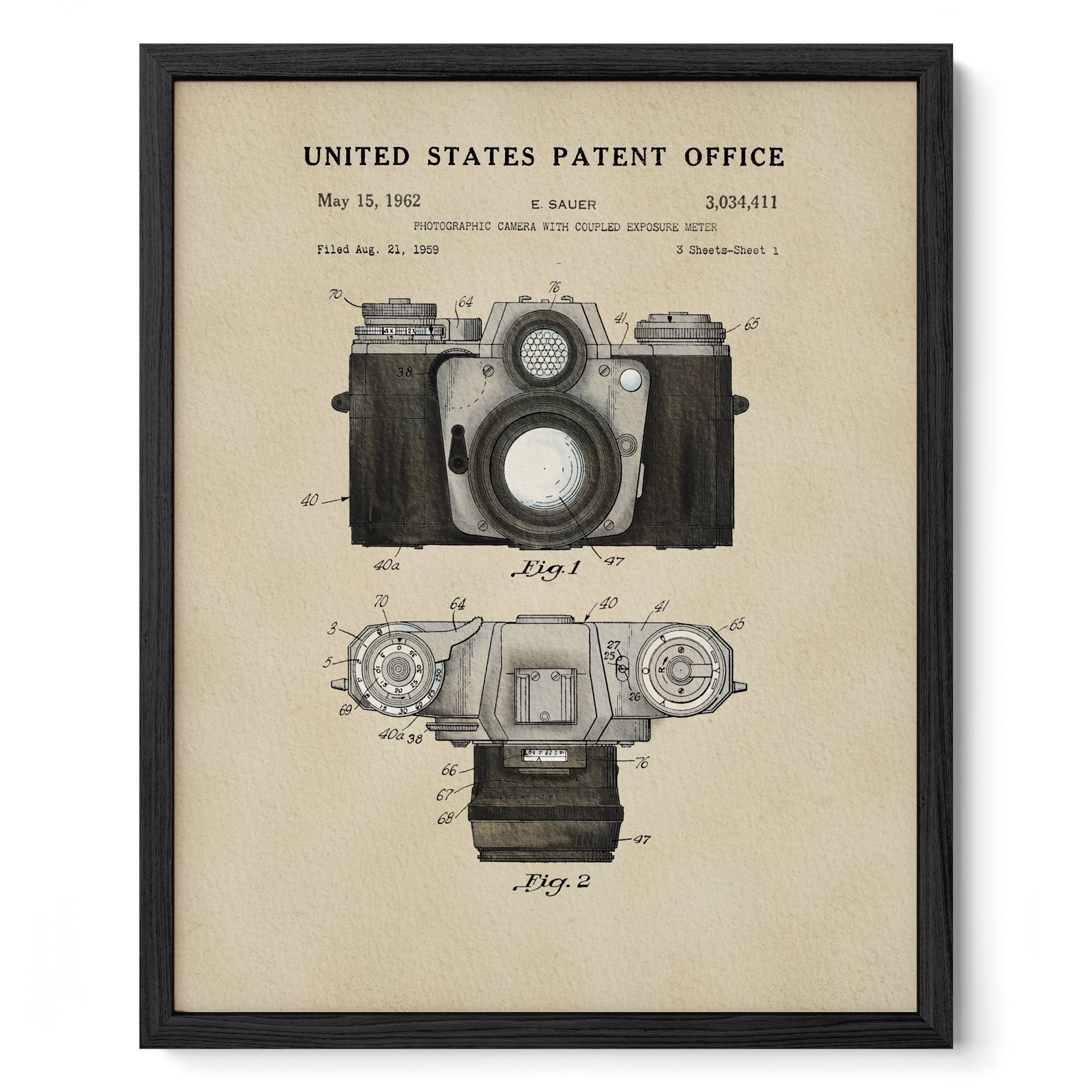 The image is a framed print featuring a vintage United States patent from 1962, depicting a photographic camera with a coiled exposure meter.