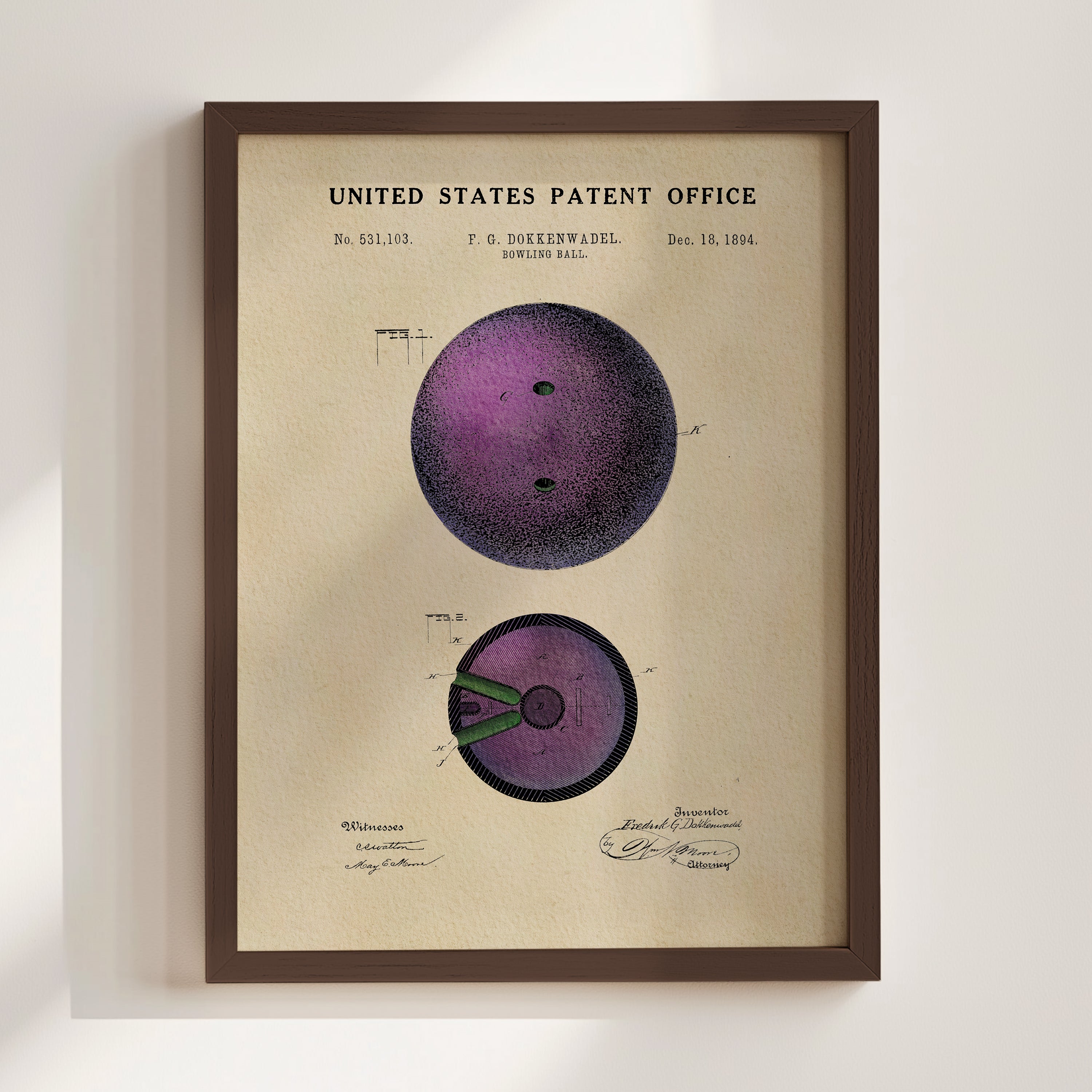 The image is a framed print of a vintage United States patent office patent for a bowling ball.