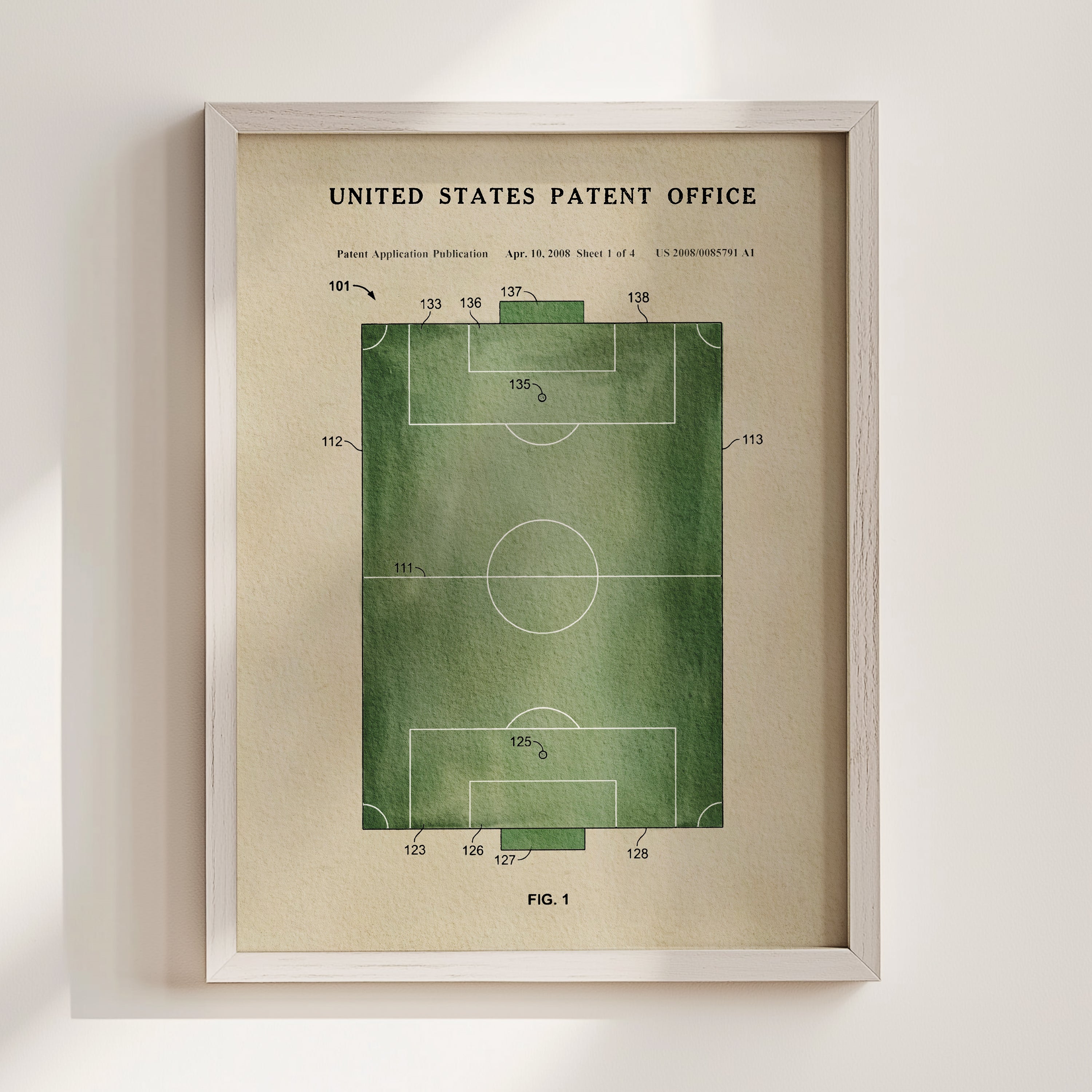 The image is a framed print of a patent application patent from the United States Patent Office, depicting a soccer field with numbered sections.