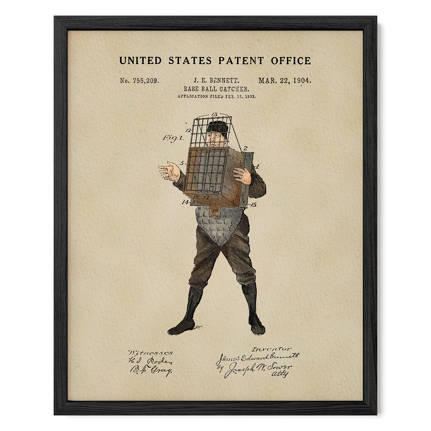 The image is a framed print of a baseball catcher's uniform from the United States Patent Office, dated Mar 22, 1904.