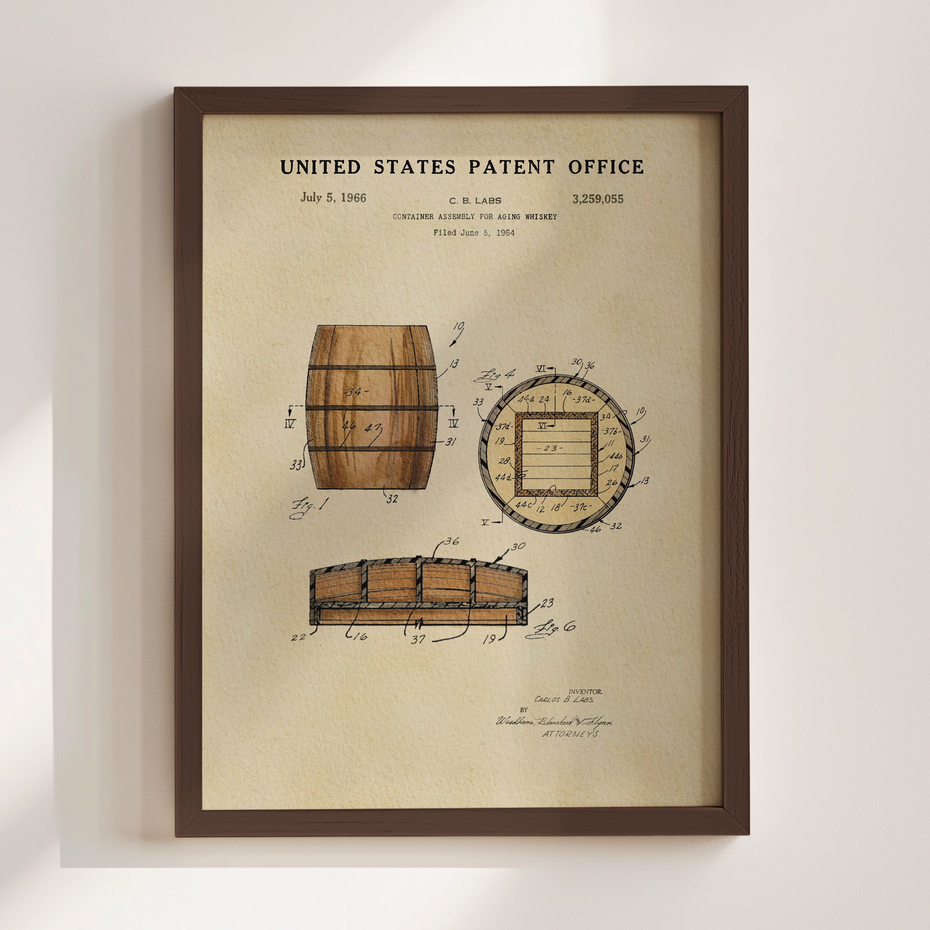 The image is a framed patent drawing depicting a wooden barrel with various technical drawings and specifications.