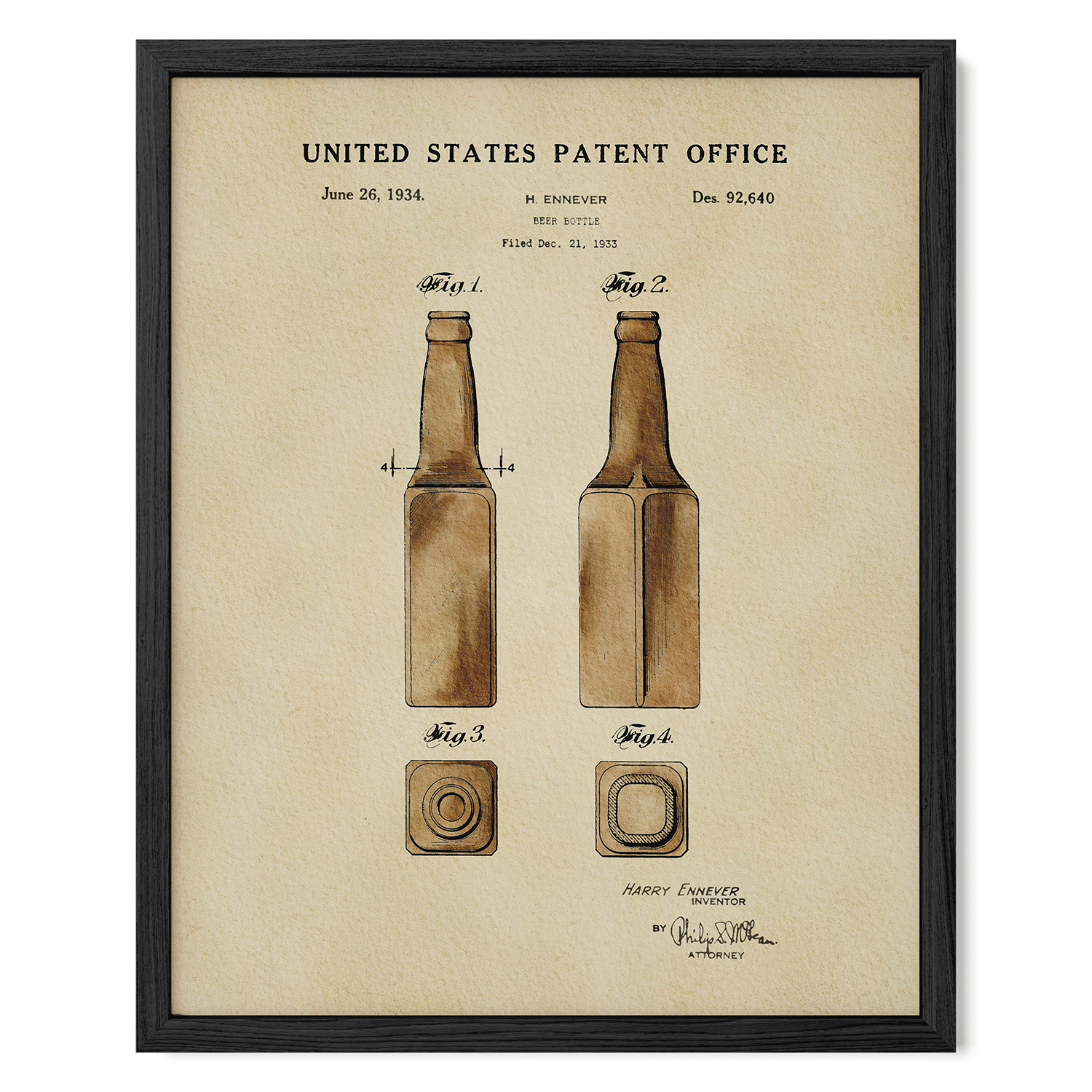The image is a framed patent drawing depicting two bottles, likely from the early 20th century.