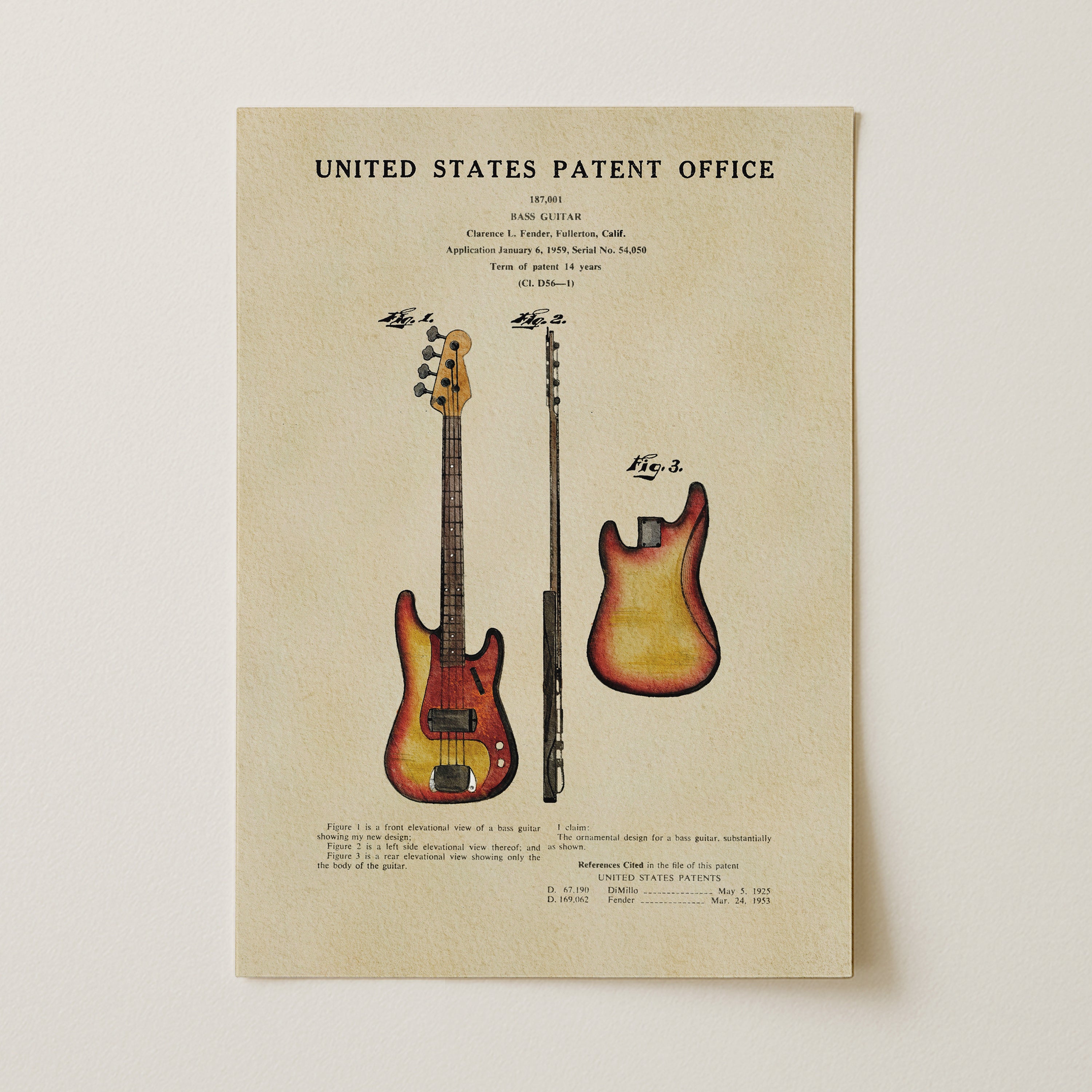 The image is a patent office document featuring two guitars, one with a red and yellow finish and the other with a brown and orange finish. The document is titled