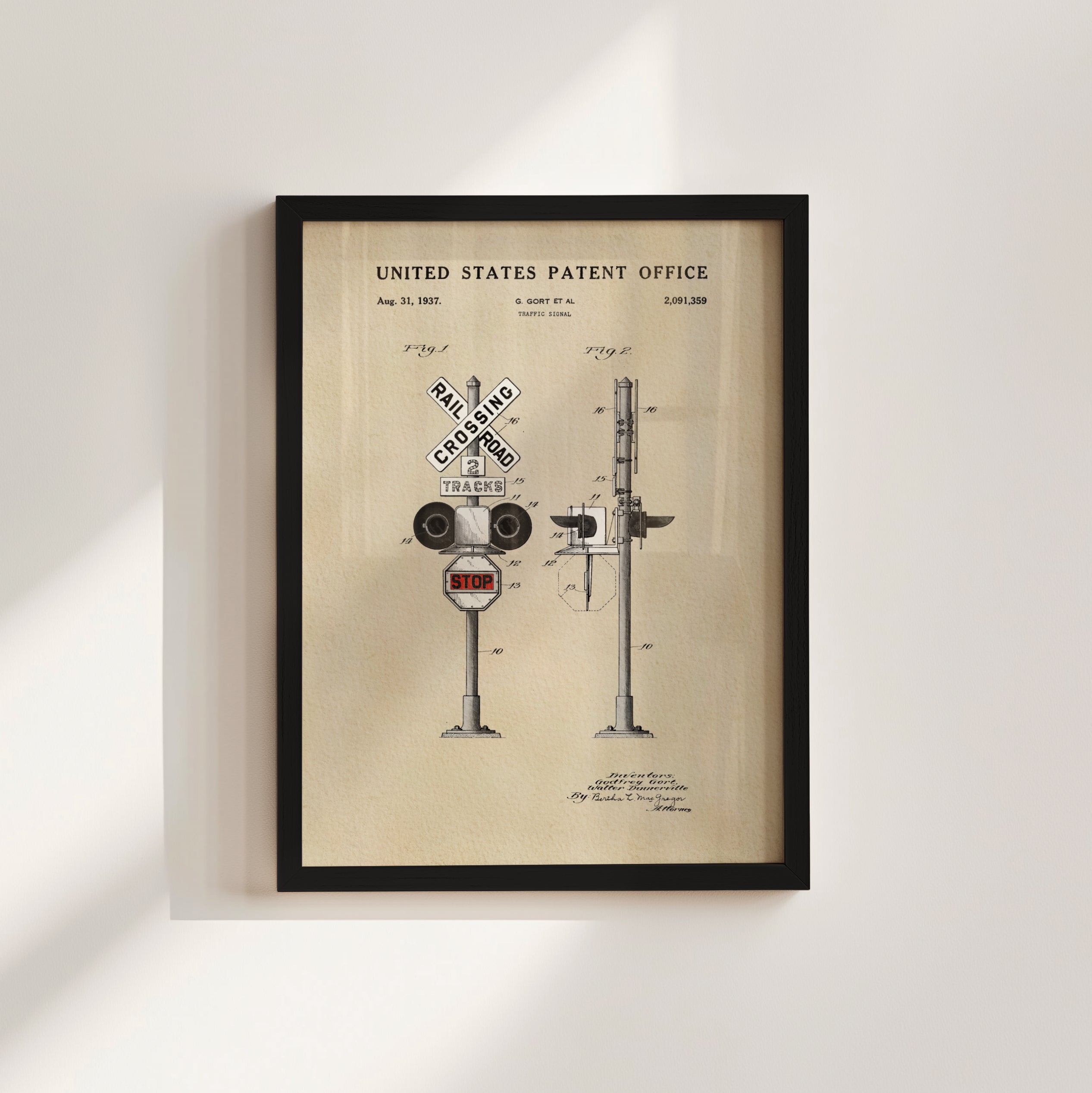 The image is a framed patent drawing depicting a railroad crossing device, which is a device used to control traffic at railroad crossings.