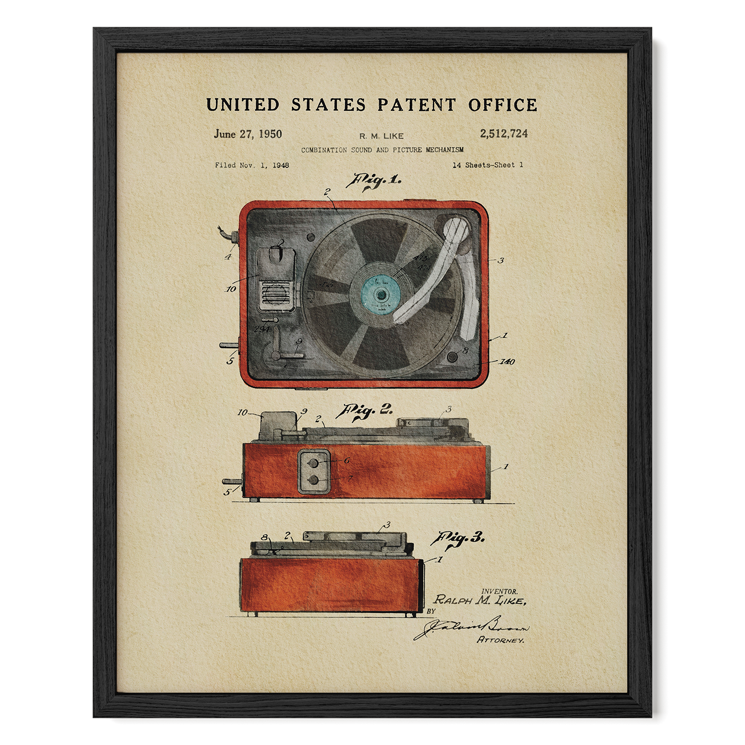 The image is a framed patent drawing depicting a vintage rotary record player, with detailed technical drawings and labels.