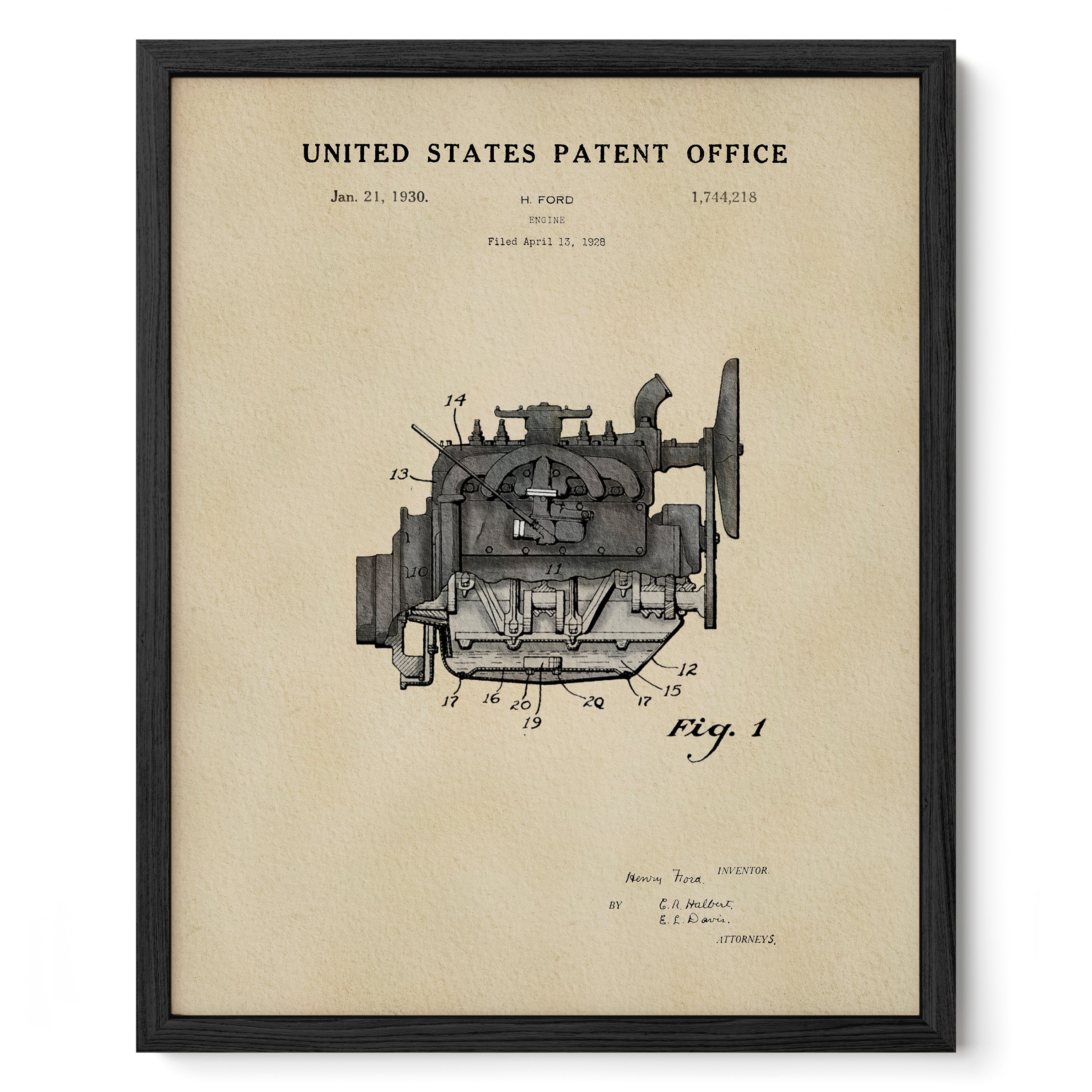 The image is a framed patent drawing depicting an engine, which is a technical drawing of an engine.