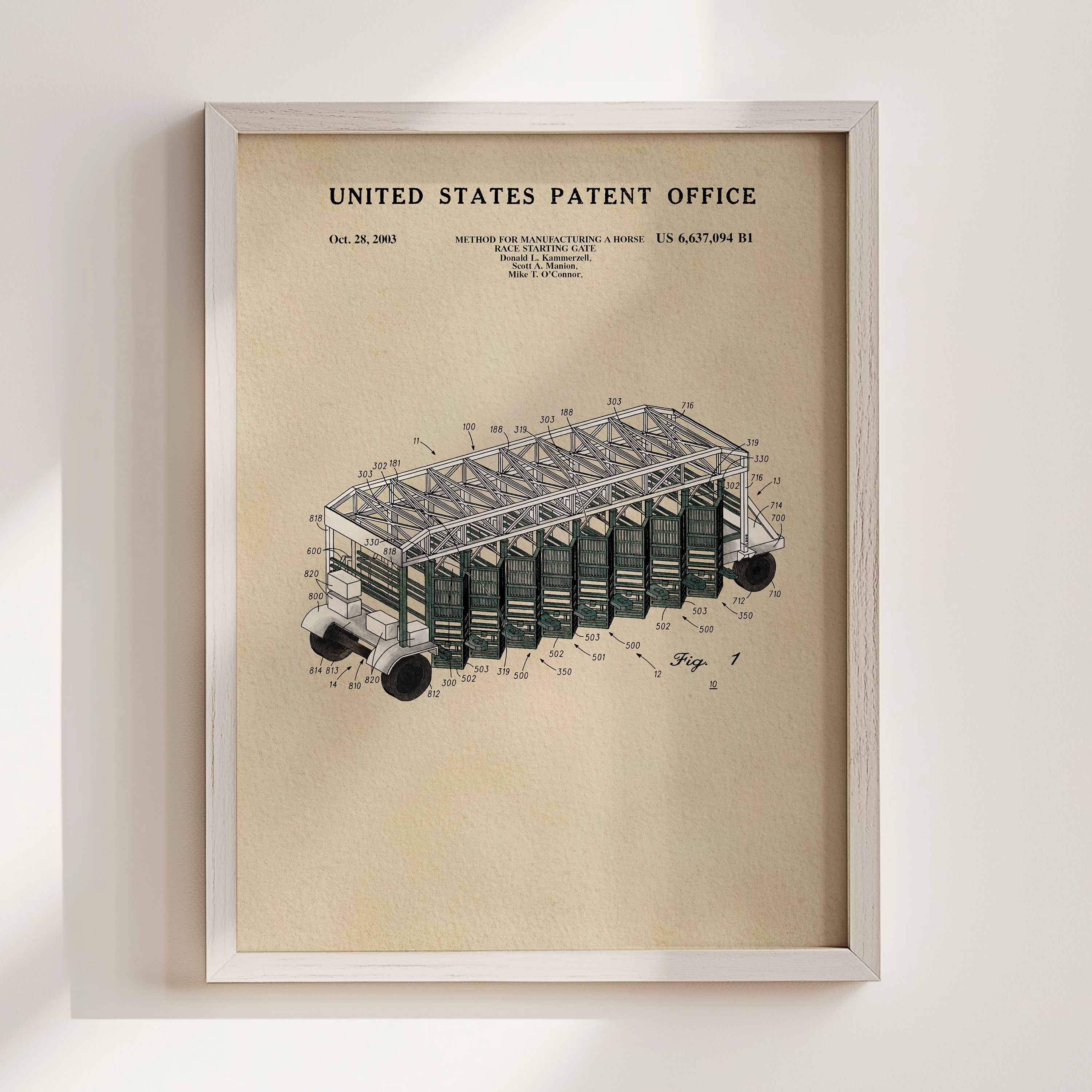 The image is a framed patent drawing depicting a horse-drawn carriage with a detailed illustration of the carriage's structure and components.