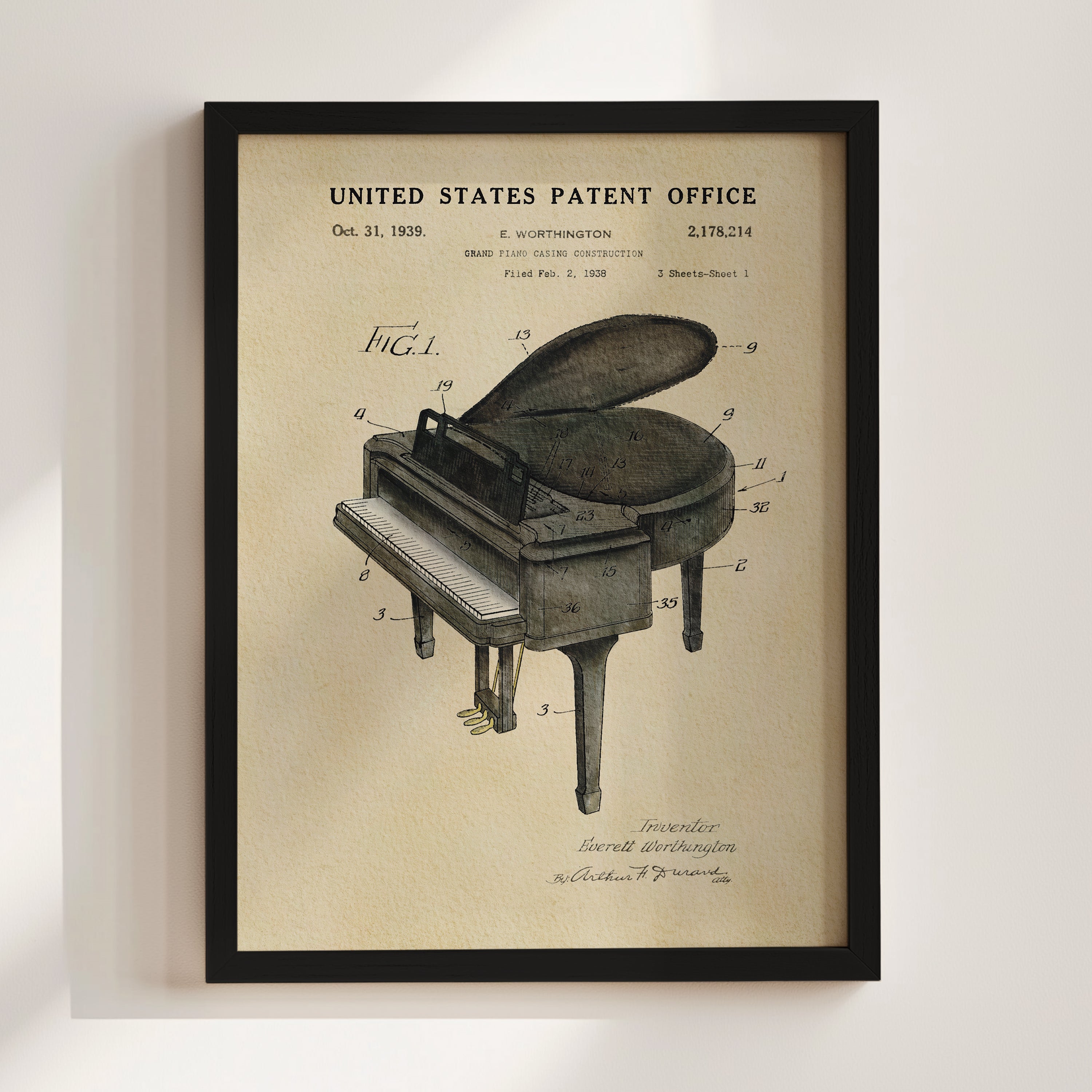 The image is a framed patent drawing of a grand piano, depicting the design and construction of the instrument.