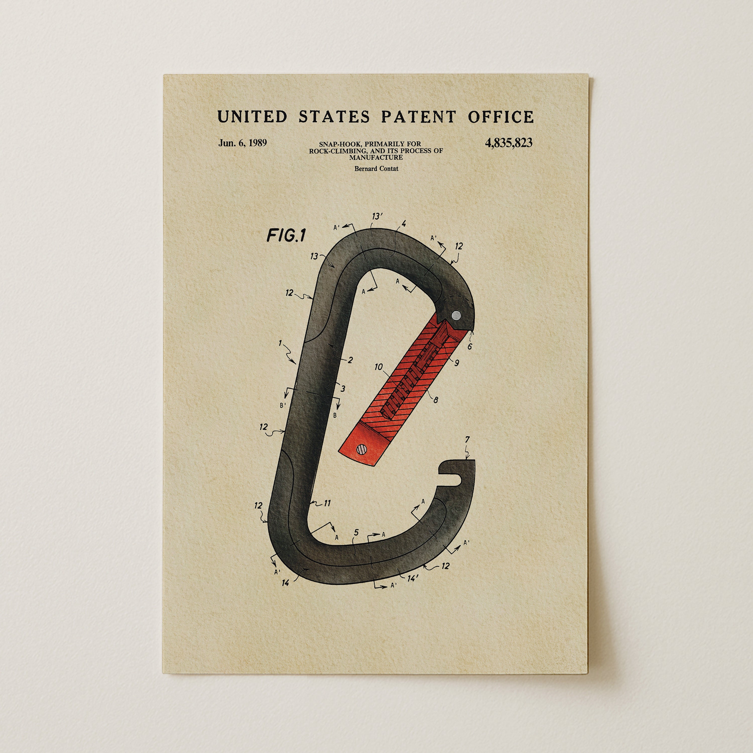 The image is a United States Patent Office patent drawing from June 6, 1989, depicting a black and red carabiner with a red handle and a red loop.