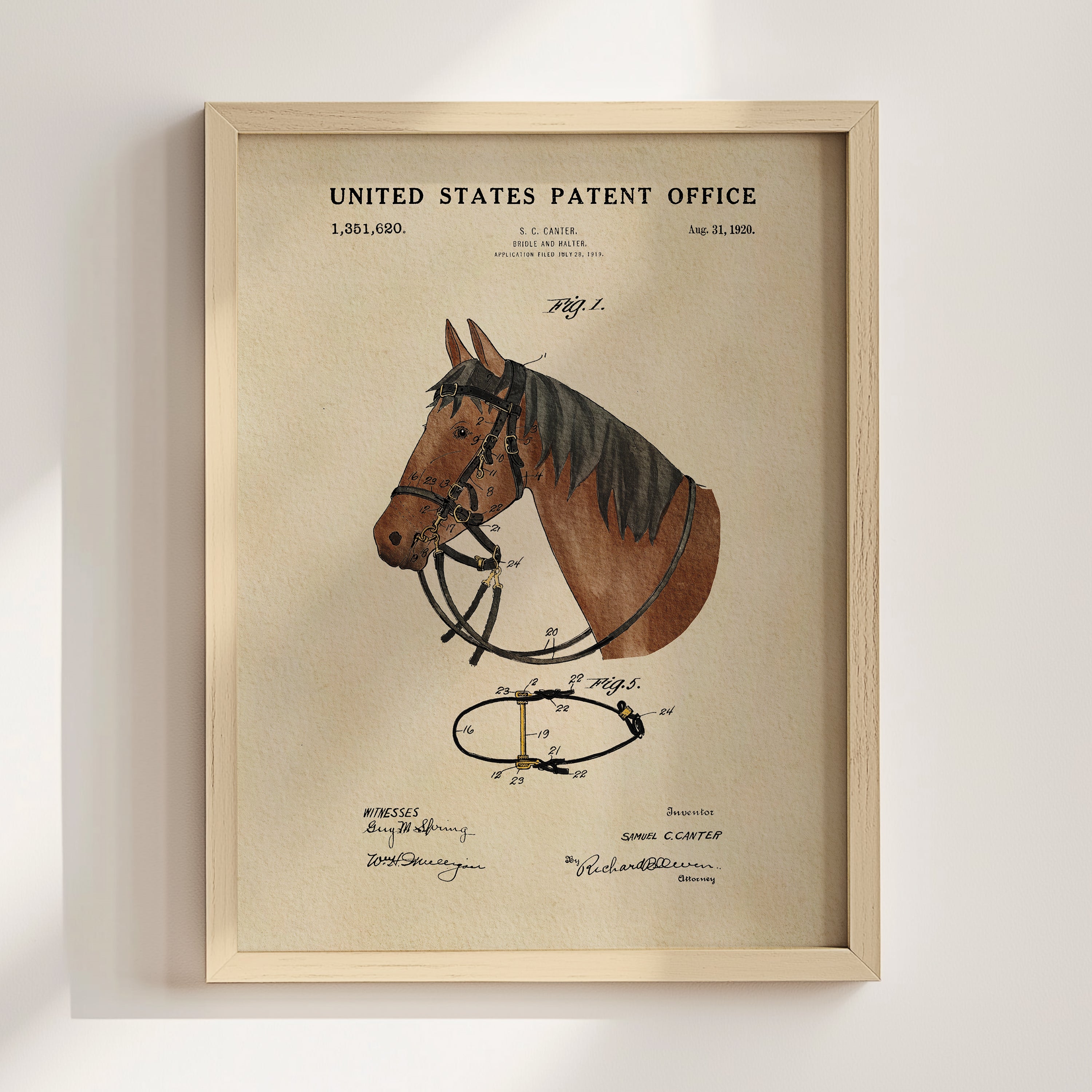 The image is a framed patent drawing of a horse, depicting its head and harness.