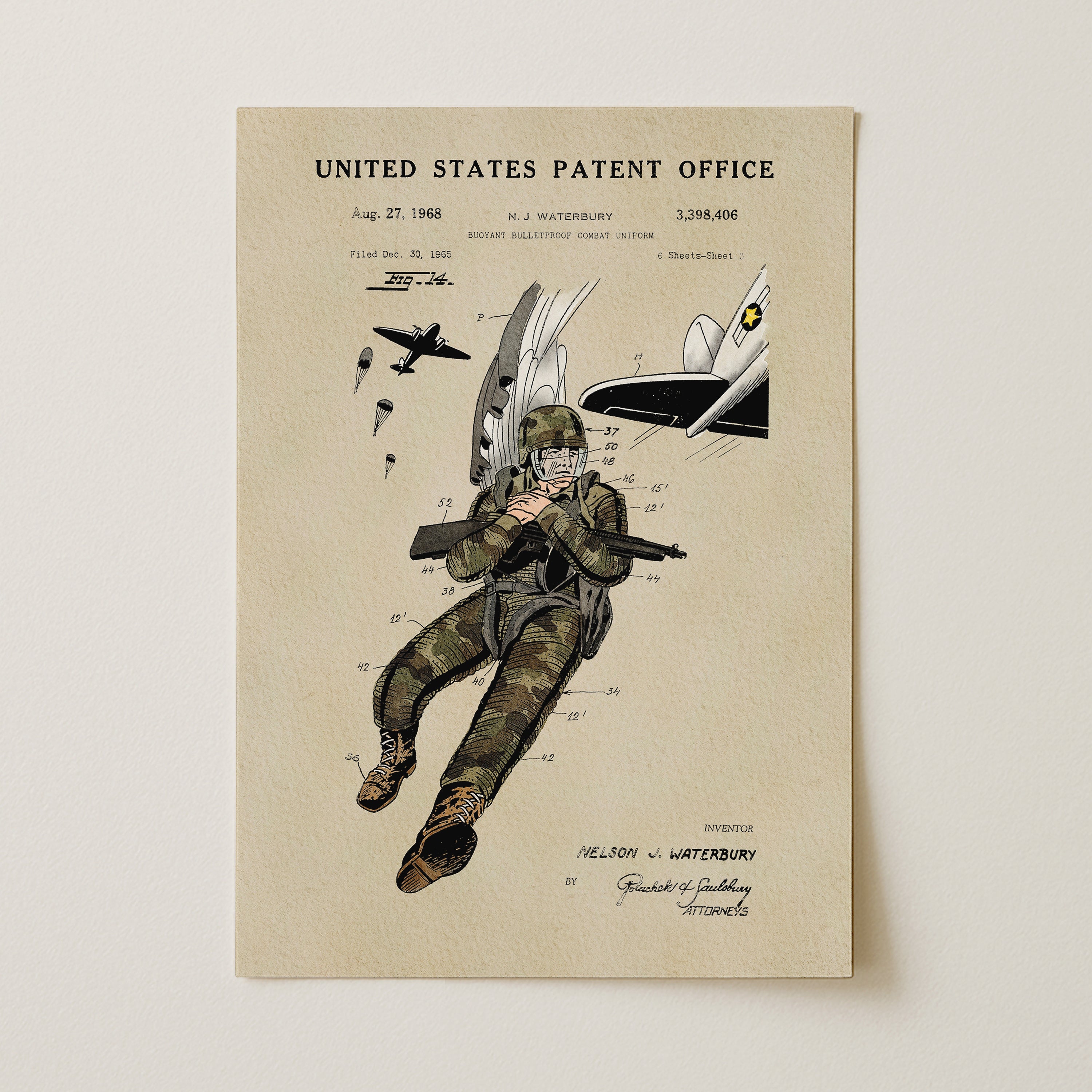 The image is a printed page from the United States Patent Office, featuring an illustration of a soldier in camouflage uniform and a parachute, along with various technical drawings and text.