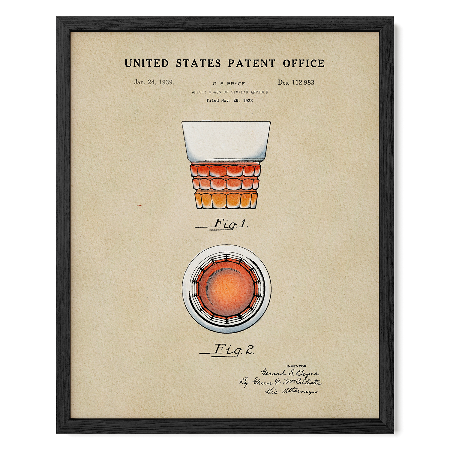 The image is a framed patent drawing depicting a whiskey glass, with the title
