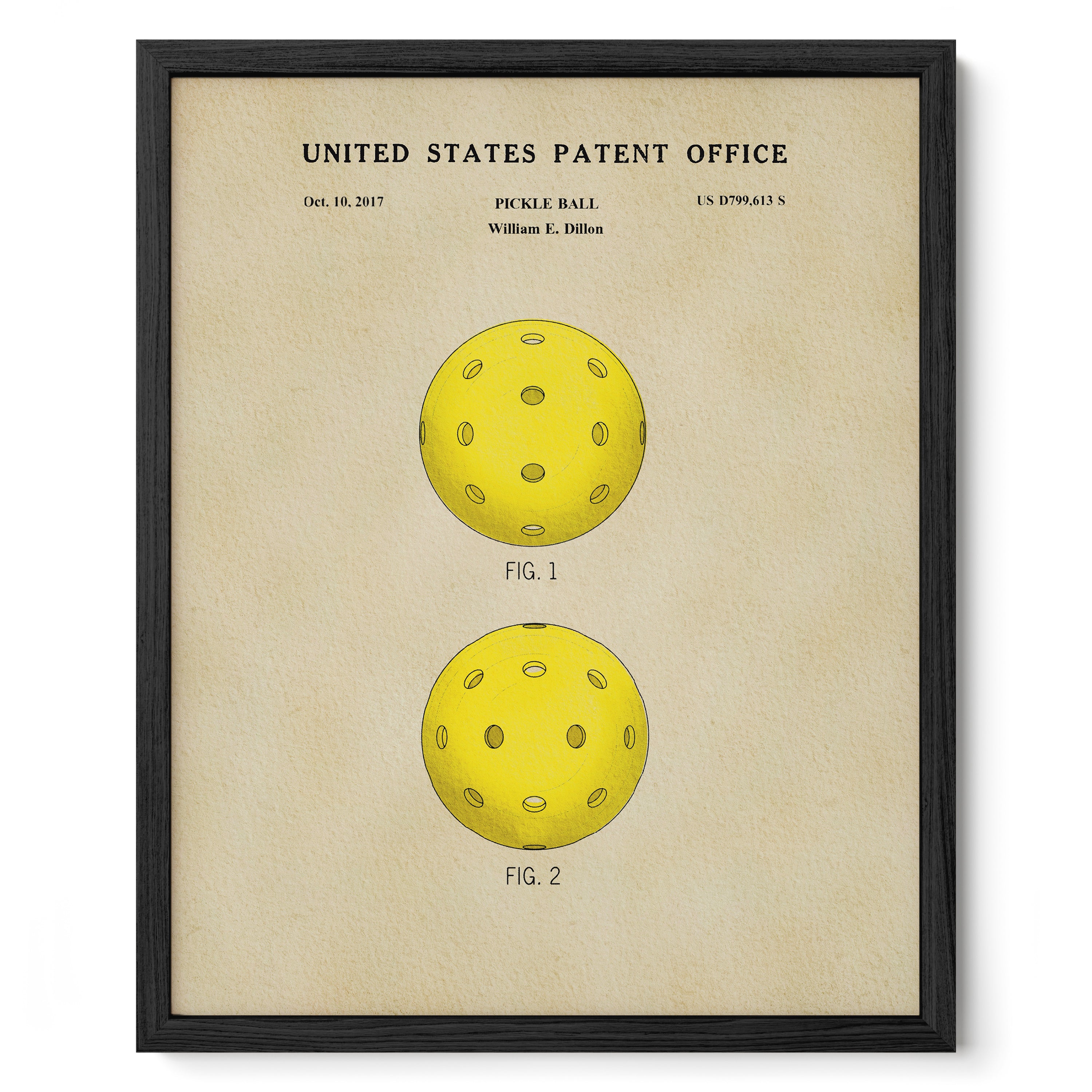 The image is a framed print of a patent application for a paddle ball, featuring two illustrations of the paddle ball.