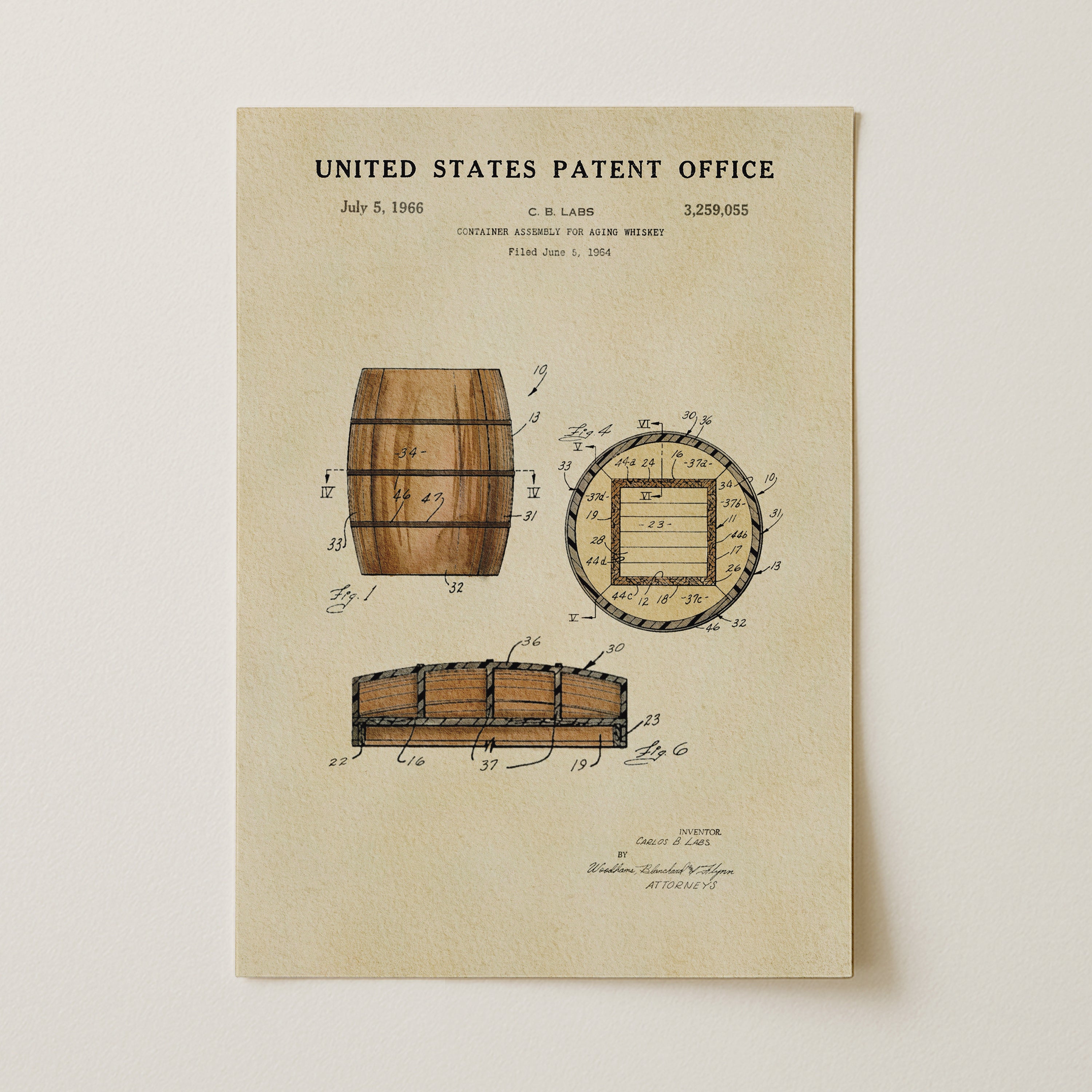 The image is a printed page from the United States Patent Office, featuring a detailed technical drawing of a wooden barrel with a square cutout in the center.