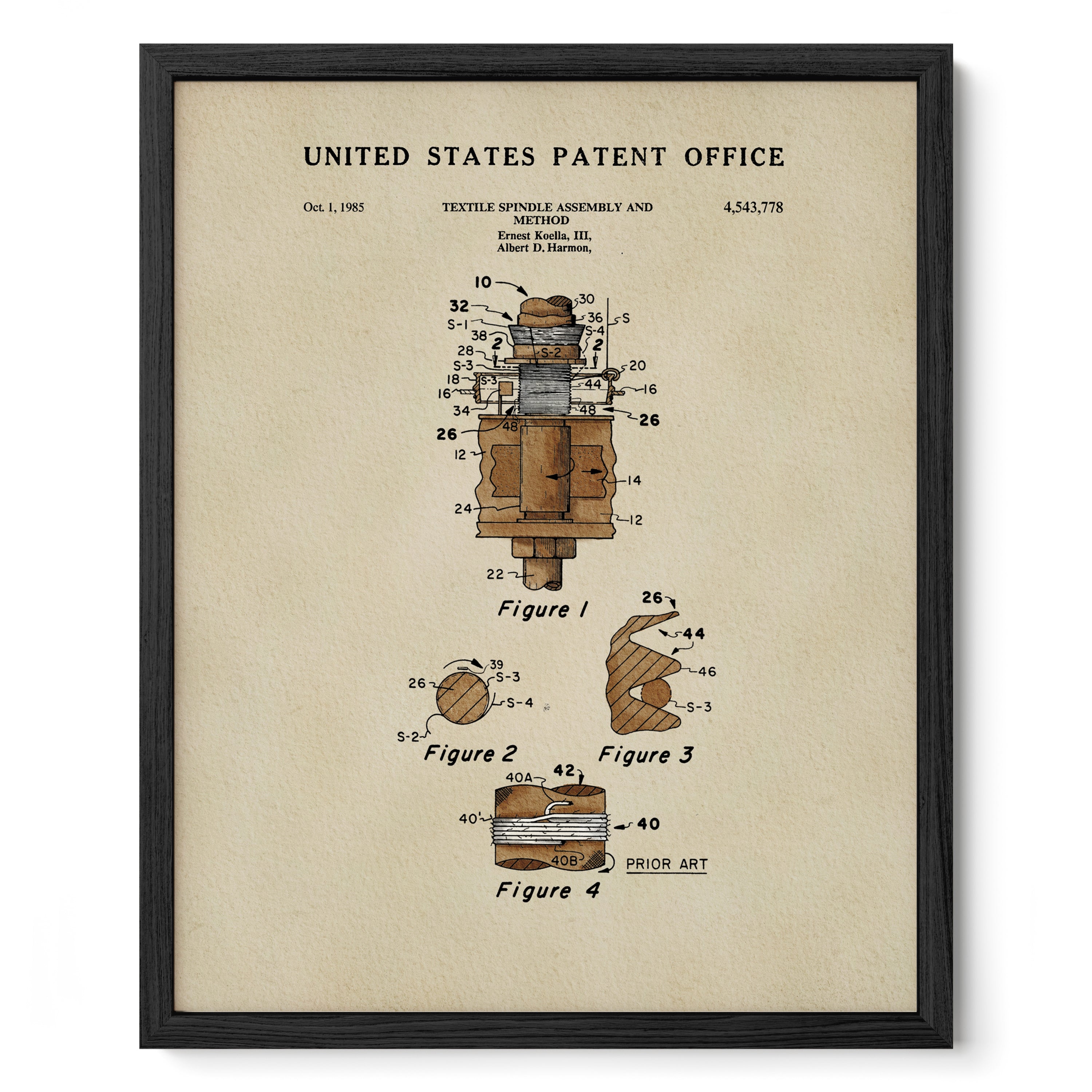 The image is a framed patent drawing from the United States Patent Office, depicting a textile spindle assembly and a spindle and thread spindle.