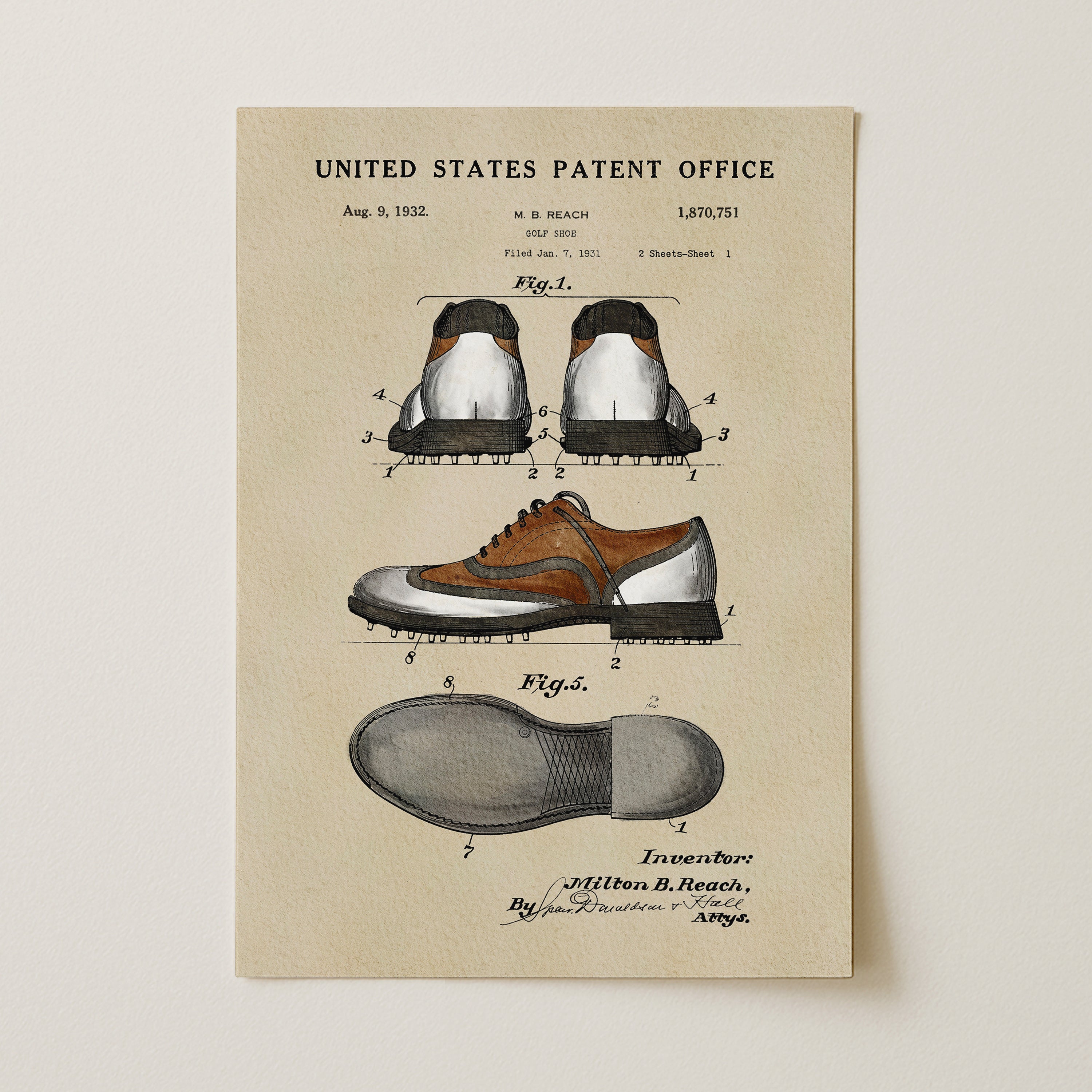 The image is a vintage patent drawing of a pair of shoes, depicting the design and construction of the footwear.