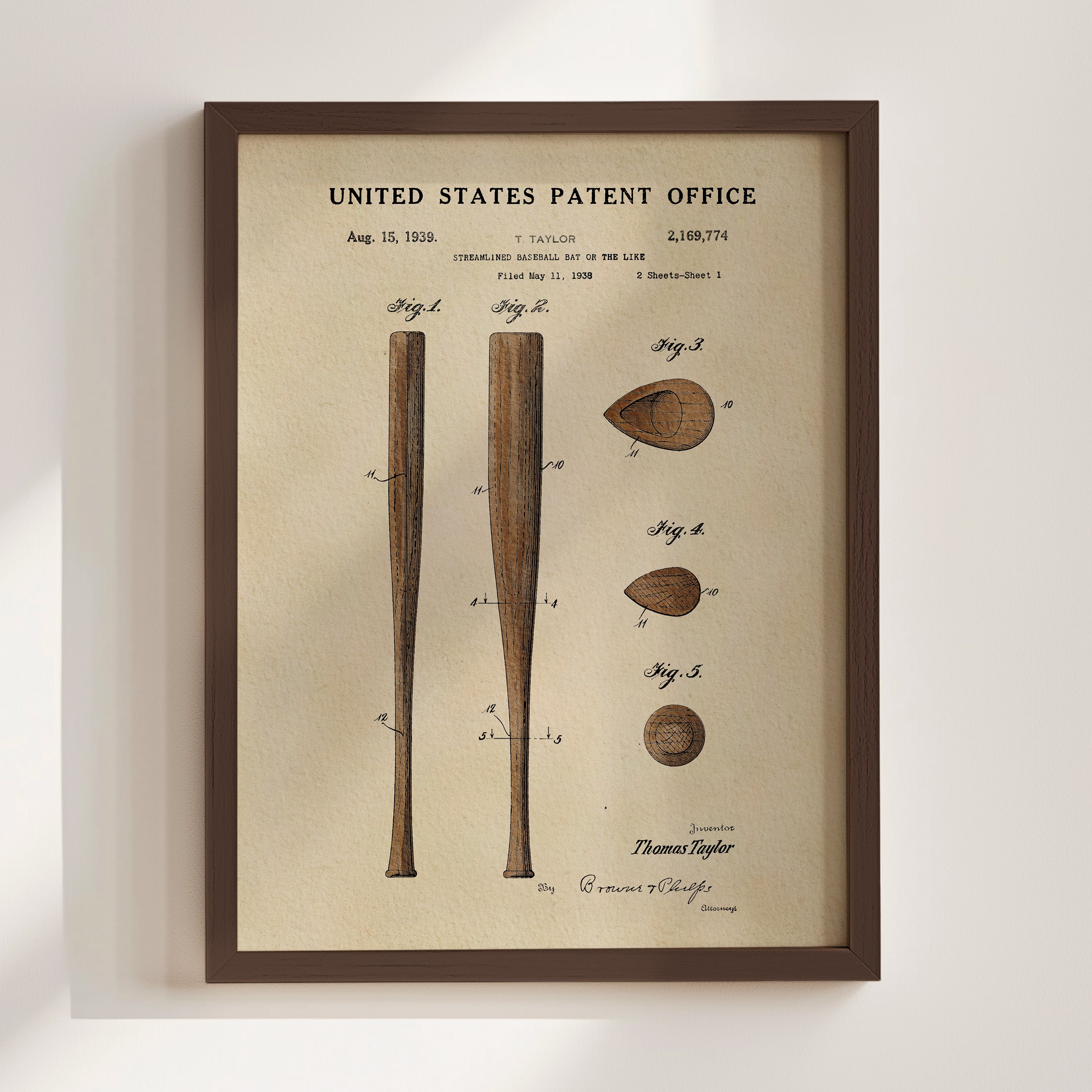 The image is a framed patent drawing of a baseball bat from the United States Patent Office, dated August 15, 1938.
