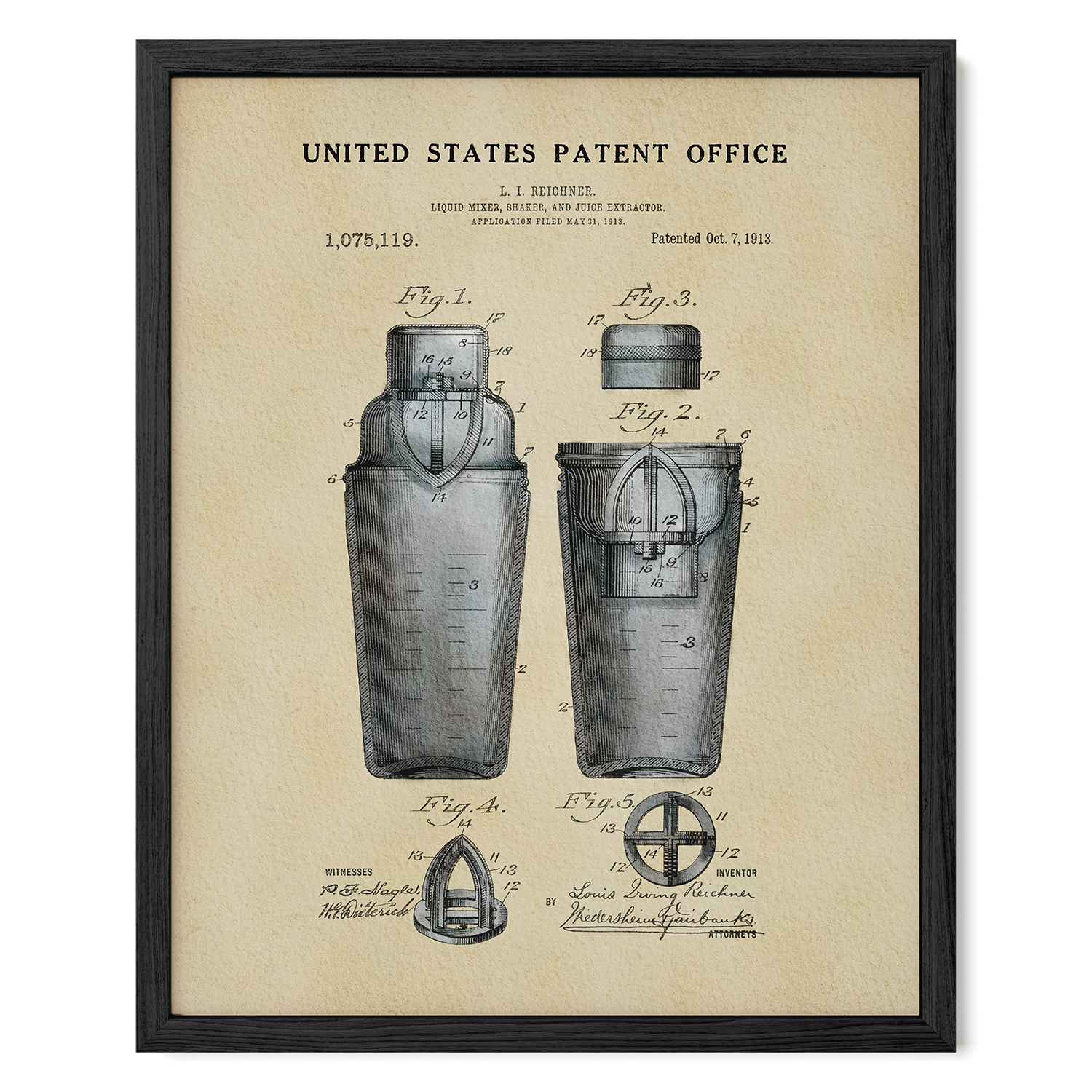 The image is a framed patent drawing depicting a silver cocktail shaker with various technical drawings and annotations.