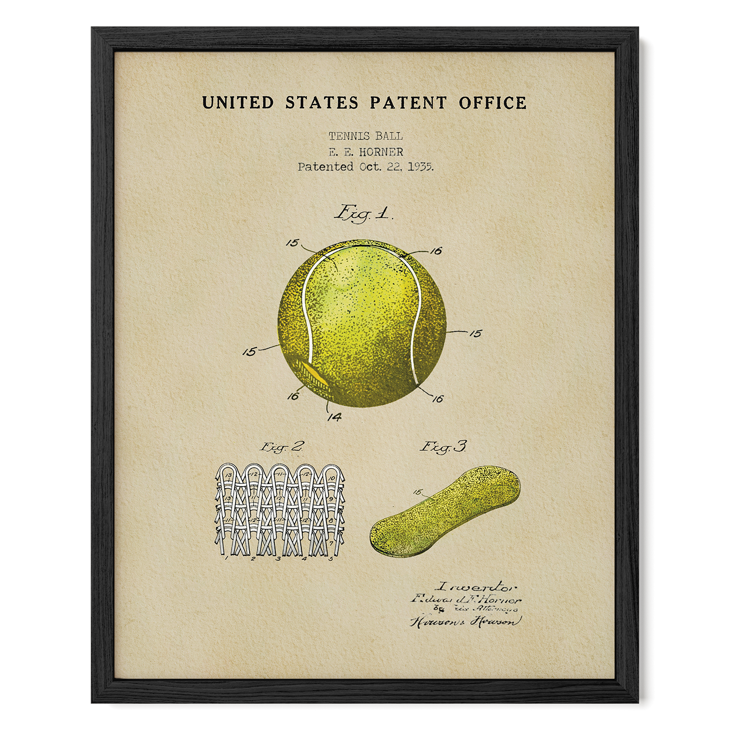 The image is a framed print depicting a tennis ball and a tennis racket, along with a diagram and text indicating that it is a patent from the United States.