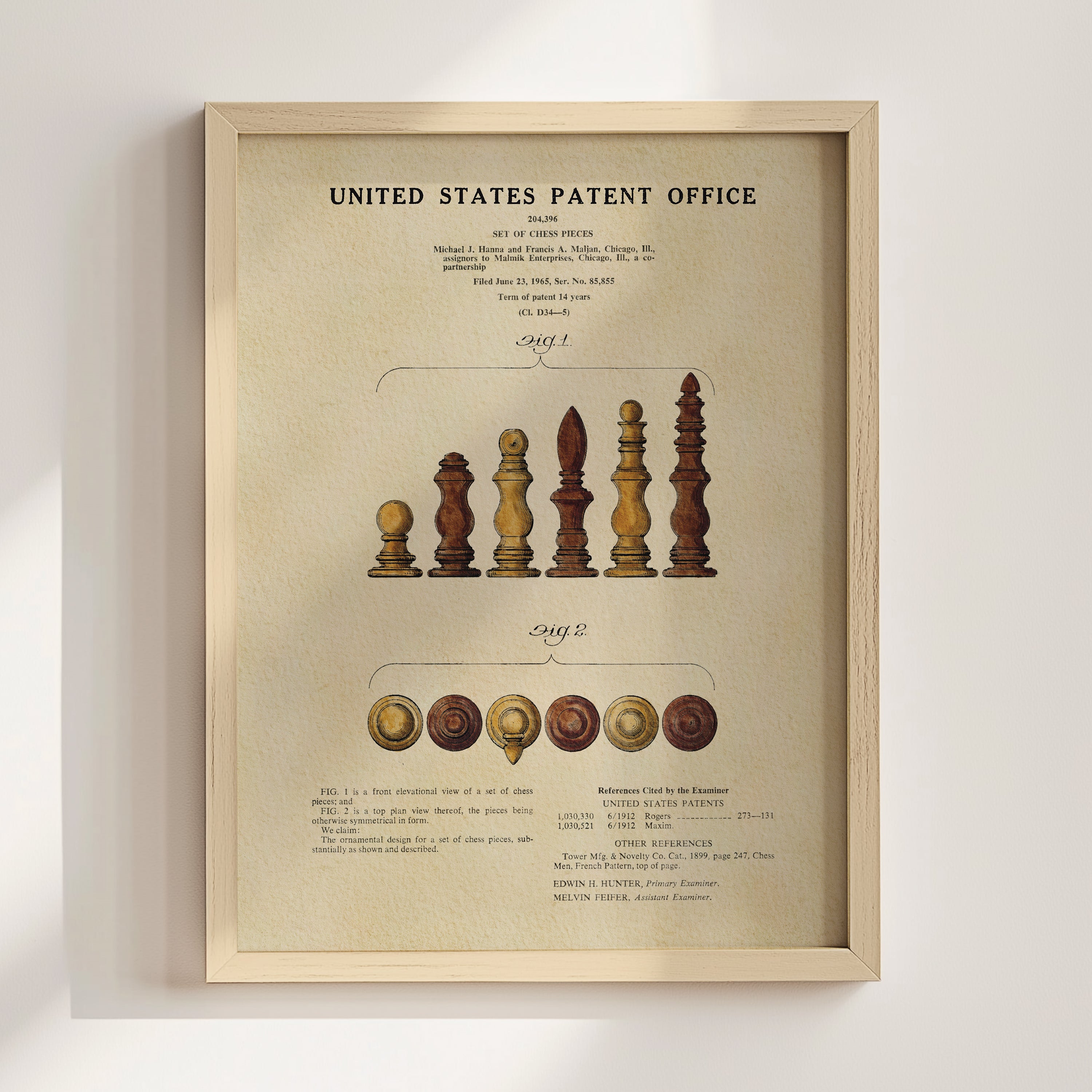 The image is a framed print of a United States patent office document, featuring a title page with a title, a list of patent applications, and a diagram of chess pieces.