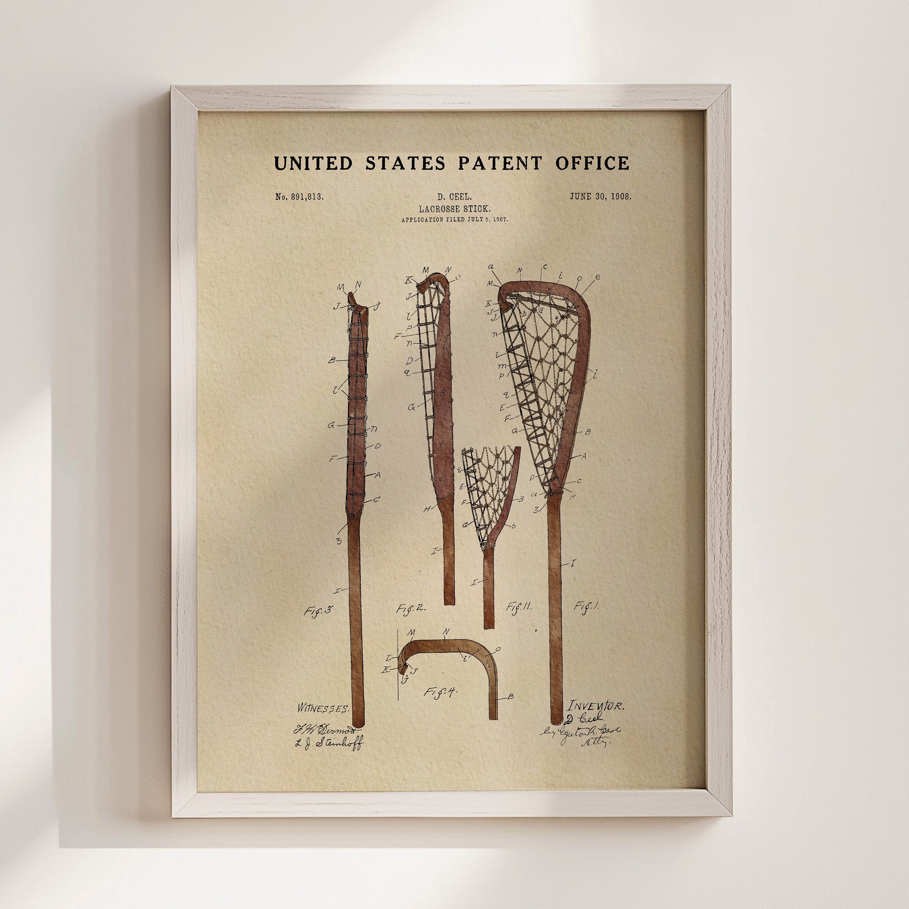 The image is a framed print of a United States patent office patent from June 30, 1908, depicting a lacrosse stick.
