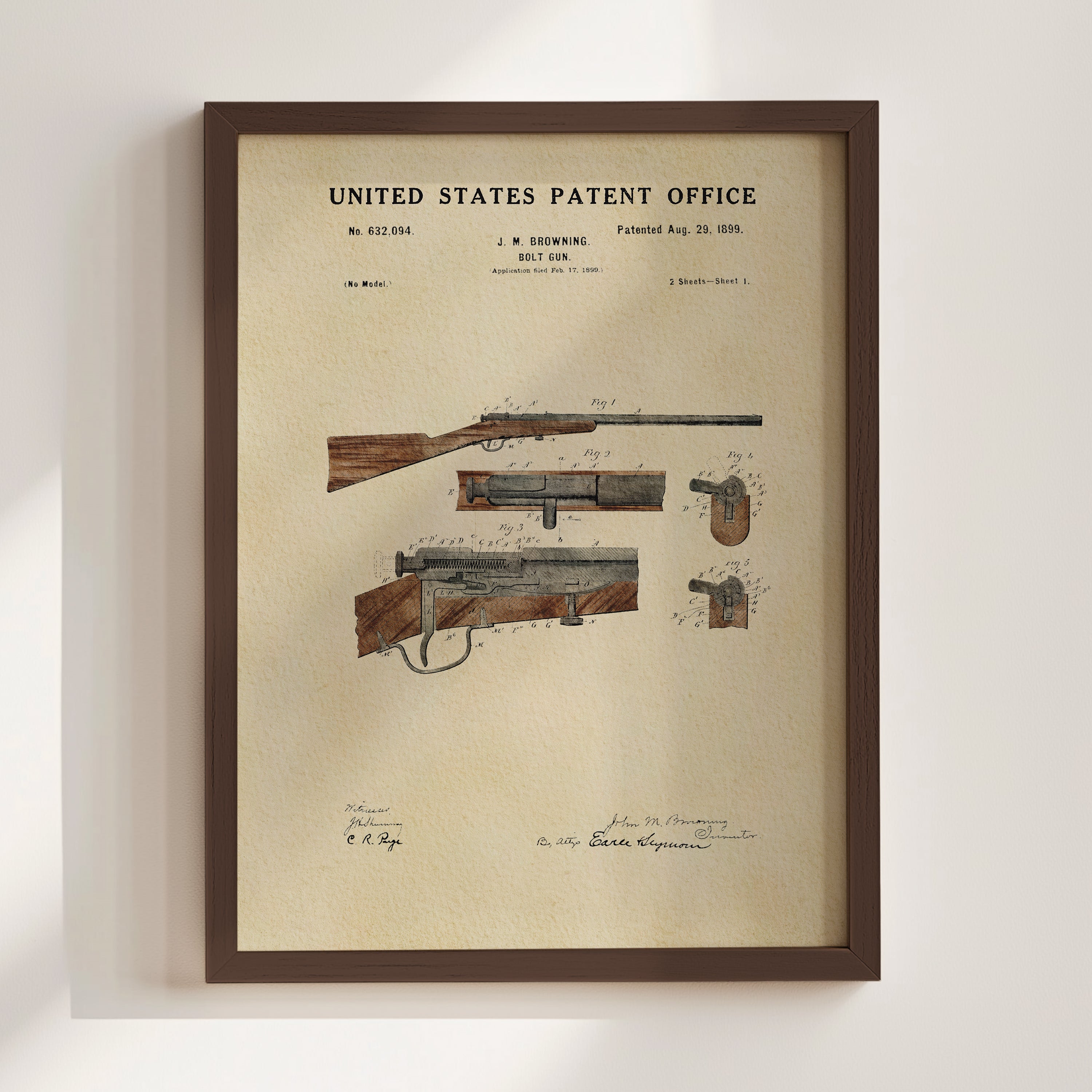 The image is a framed patent drawing of a rifle, depicting its design and features.