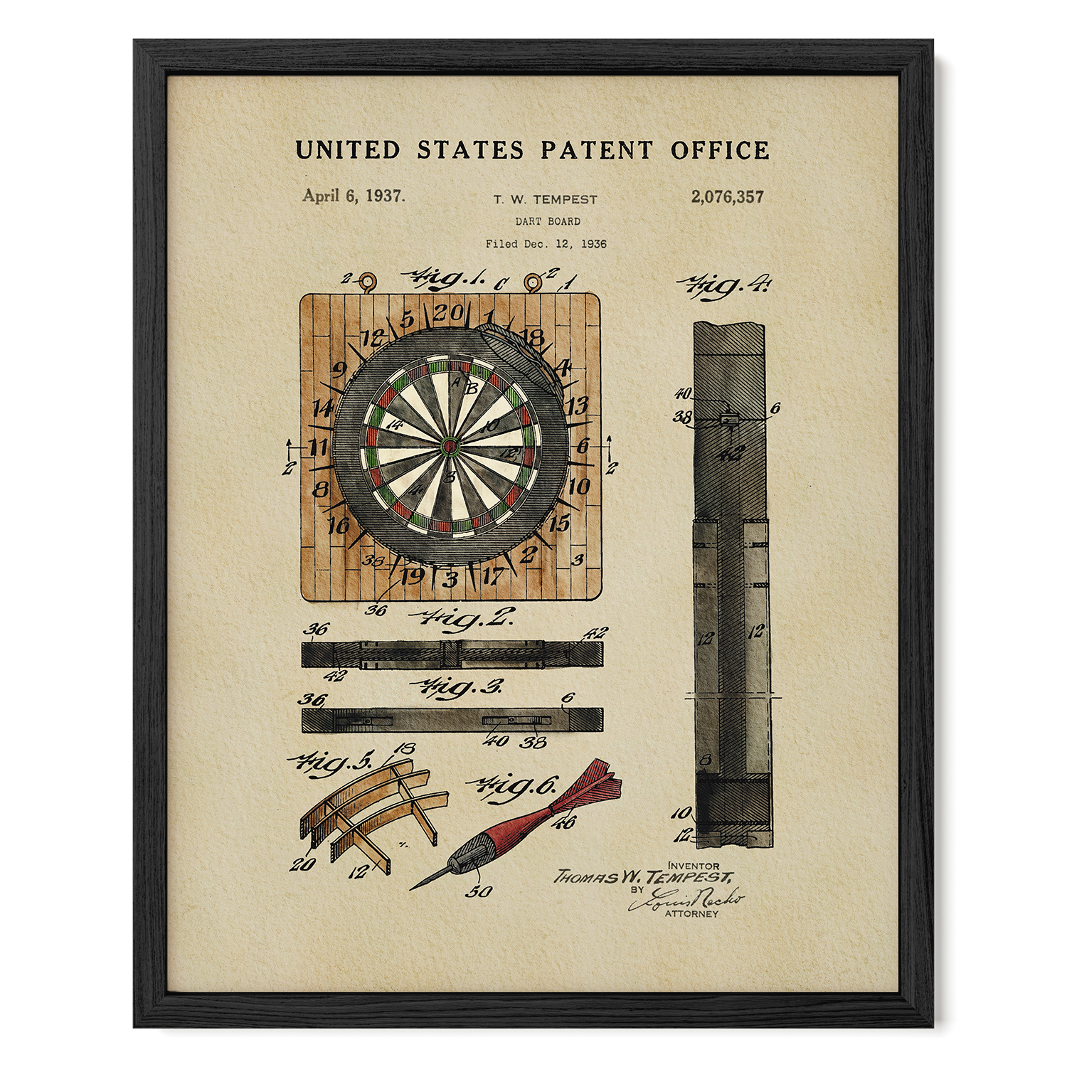 The image is a framed patent drawing depicting a dartboard and various dart-related components, including a dart and a dartboard.