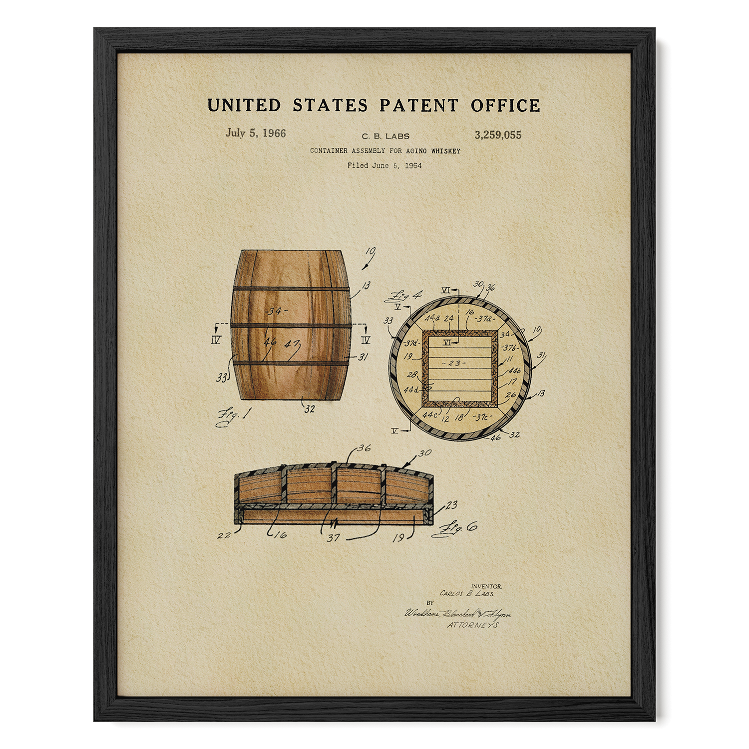 The image is a framed patent drawing from the United States Patent Office, depicting a wooden barrel with detailed technical drawings and specifications.