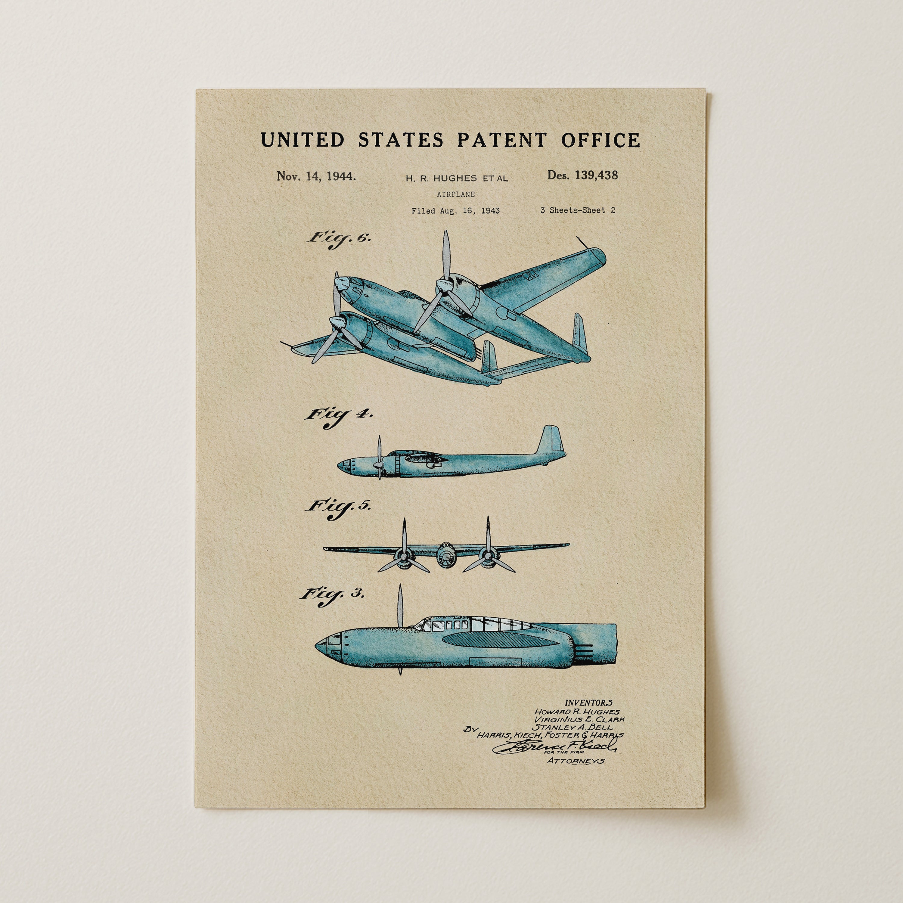 The image is a patent drawing of a blue airplane, depicting its design and features.