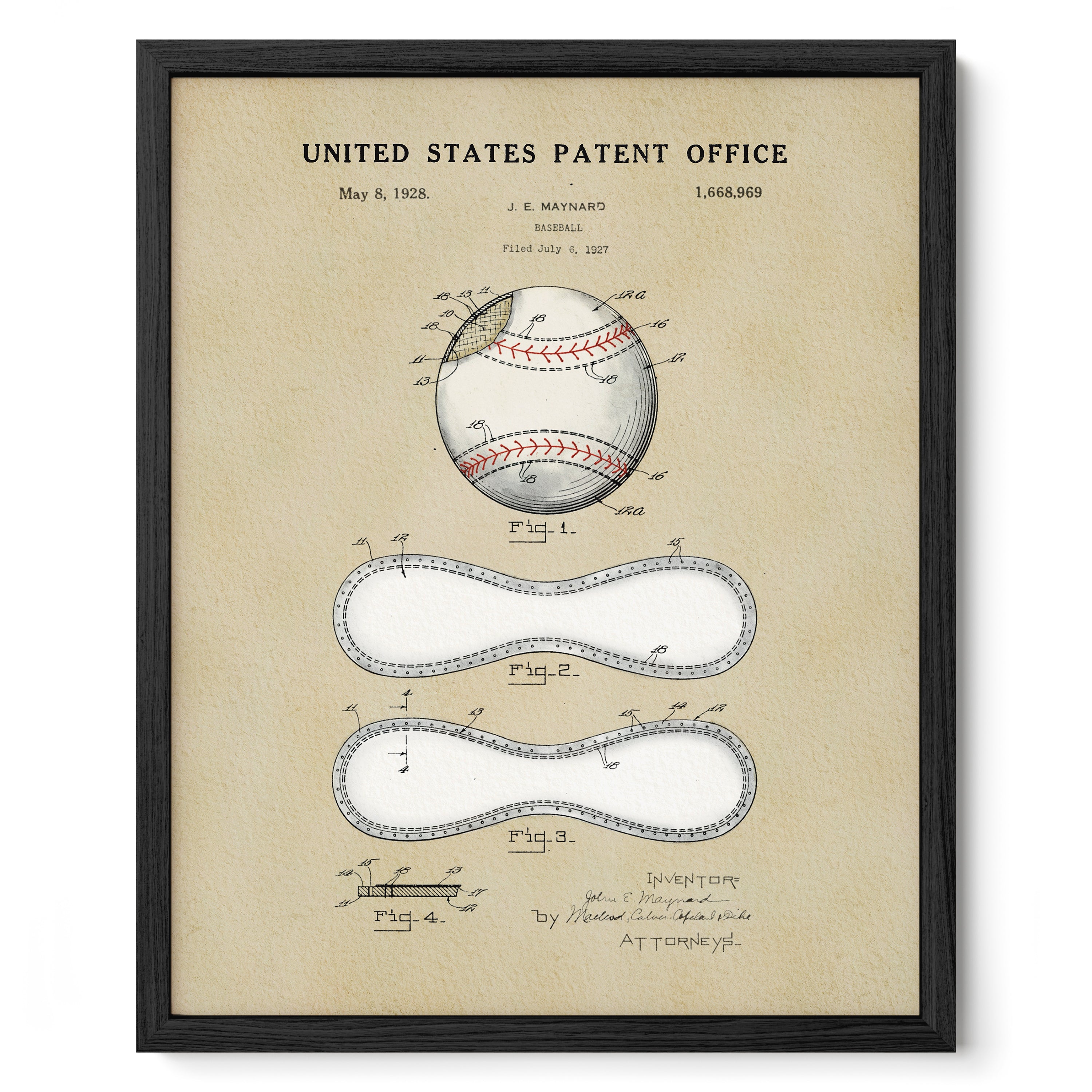The image is a framed print of a baseball patent from the United States Patent Office, dated May 8, 1928, and numbered 1,168,989. It features a detailed drawing of a baseball with a caption that reads