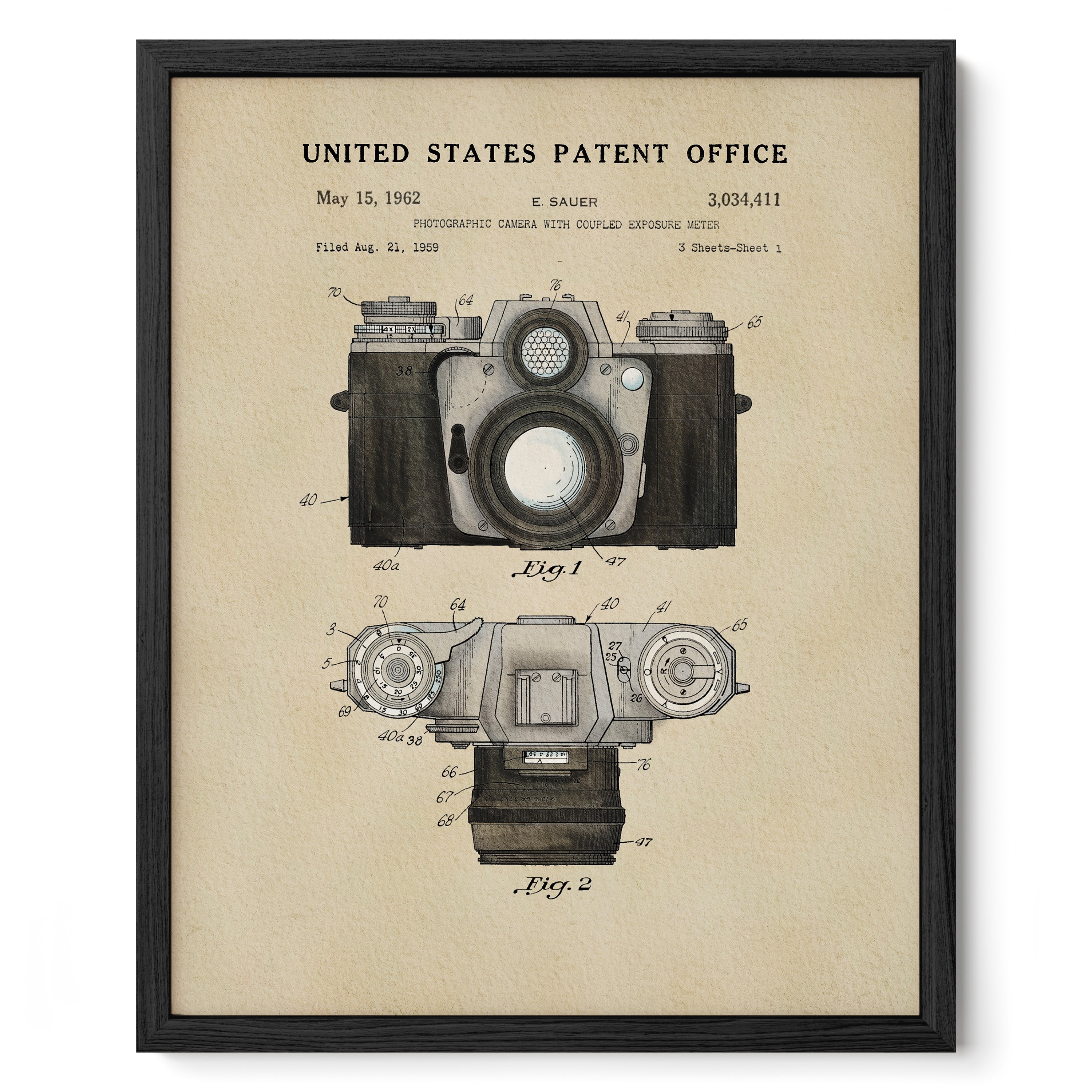 The image is a framed patent drawing of a camera, depicting the design and features of the camera in a technical drawing style.