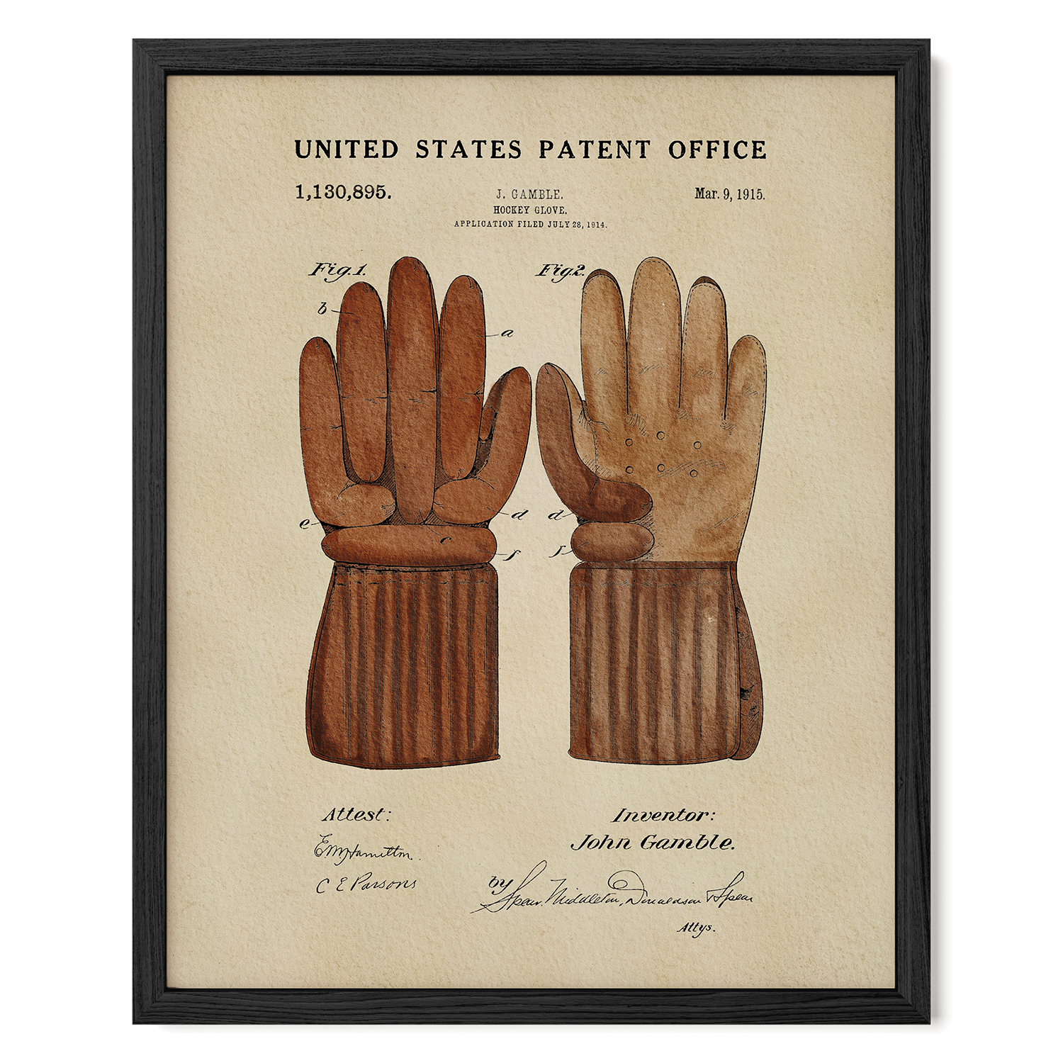 The image is a framed patent drawing depicting a pair of brown leather gloves, with the United States Patent Office and the date of invention labeled.