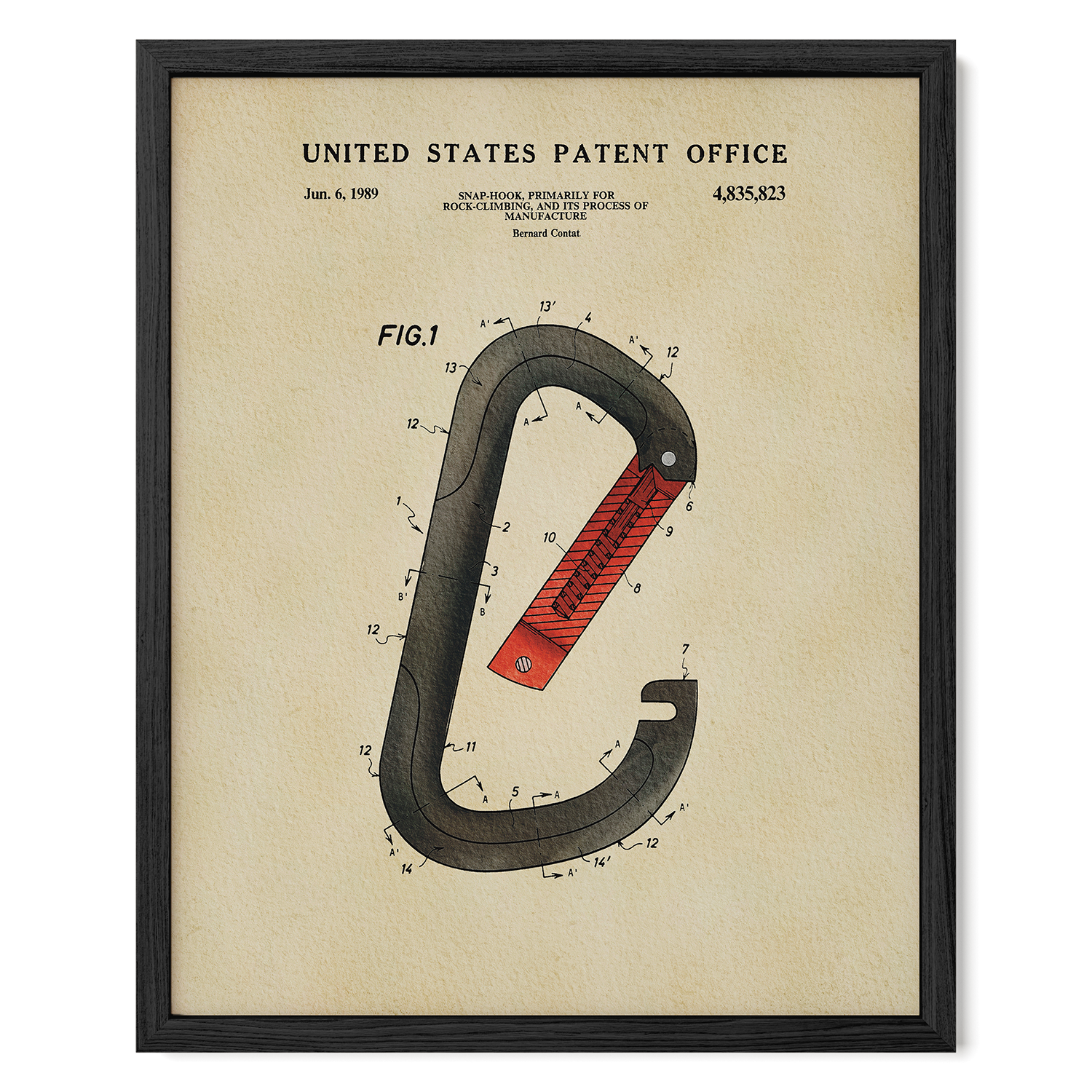 The image is a framed patent drawing depicting a black and red carabiner, a type of hook used for securing items to a backpack or other bag.