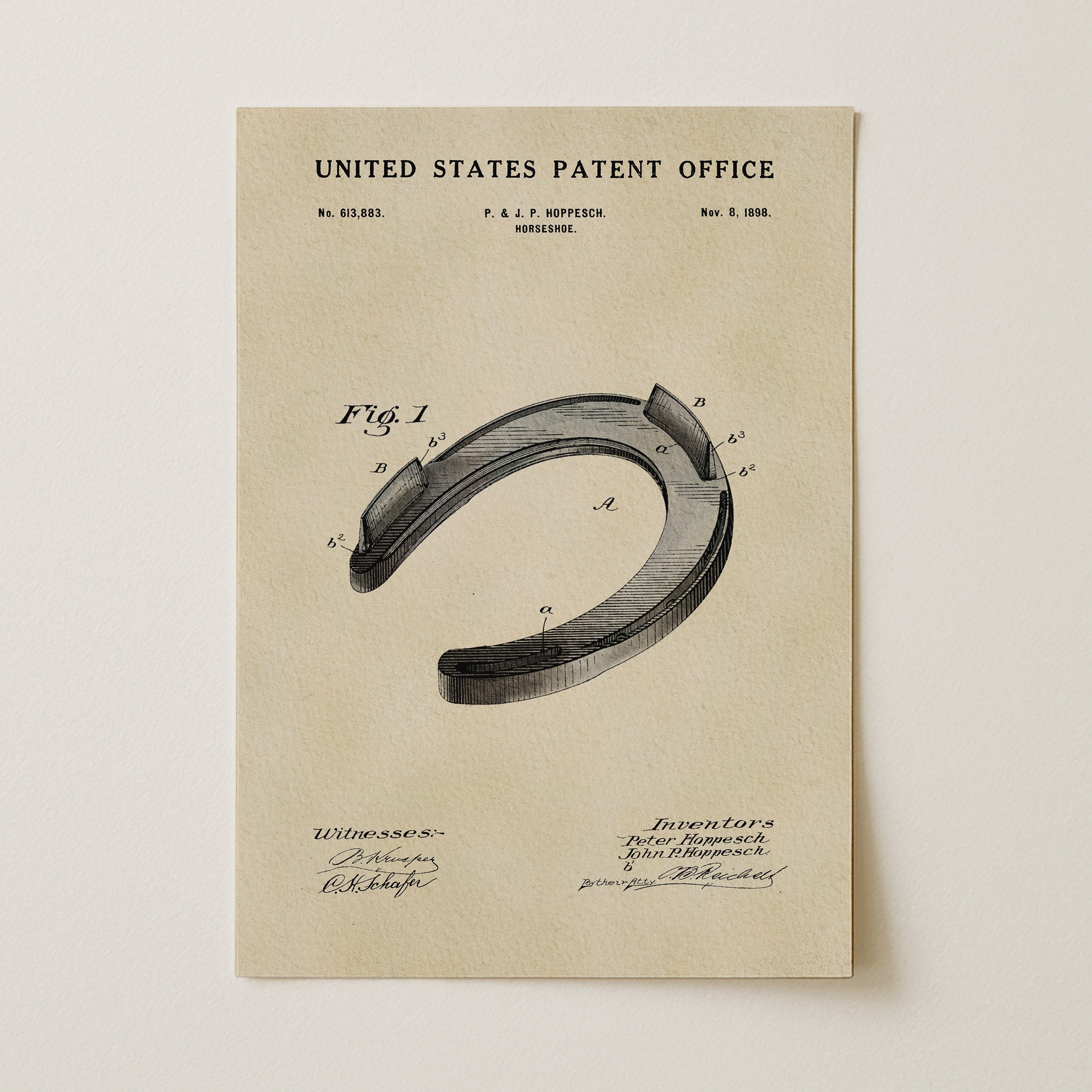 The image is a patent drawing from the United States Patent Office, depicting a horseshoe with detailed technical drawings and annotations.