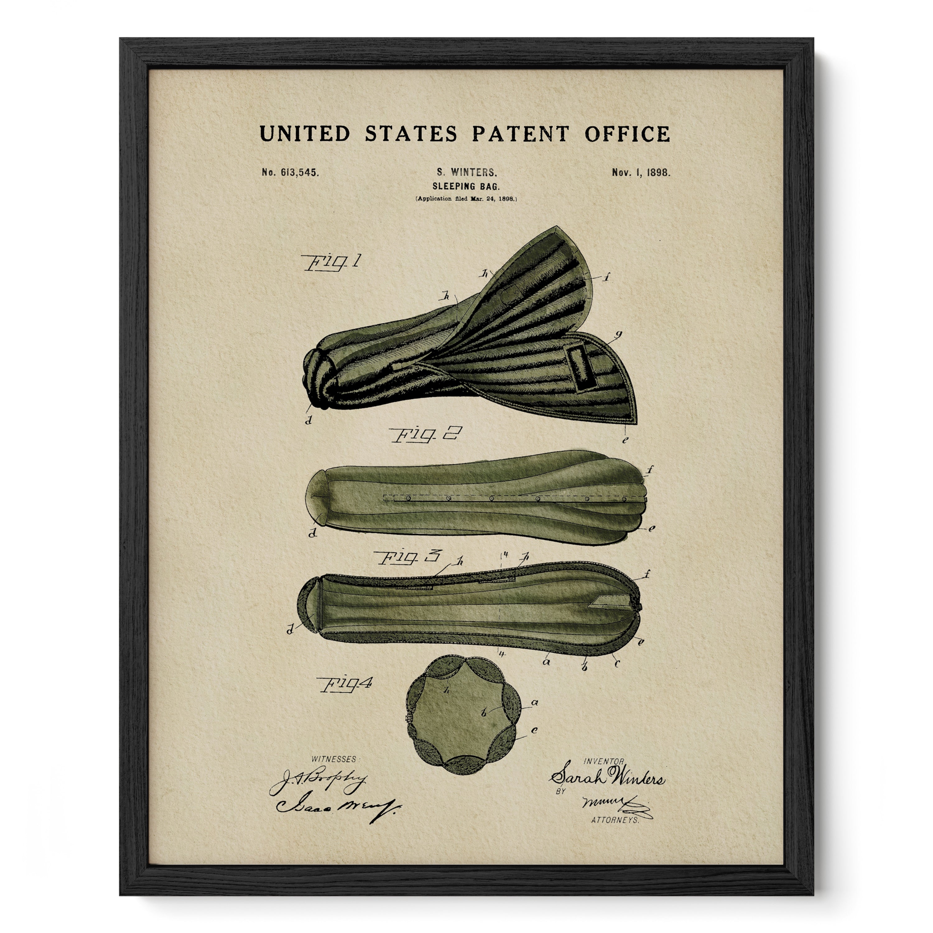 The image is a framed vintage patent drawing depicting a sleeping bag with a unique design.