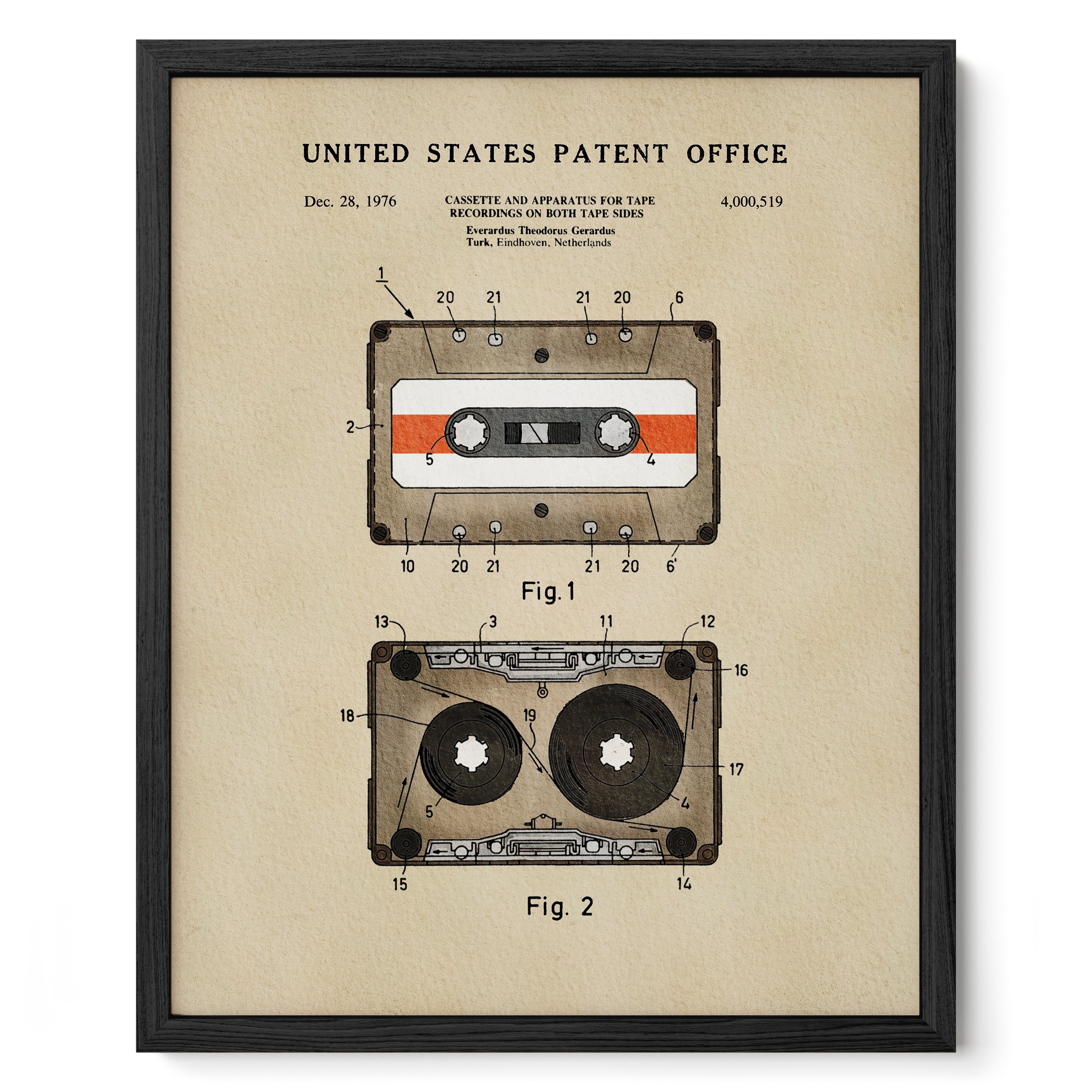 The image is a framed patent drawing depicting a cassette tape and its components, including the tape itself and the headphones.