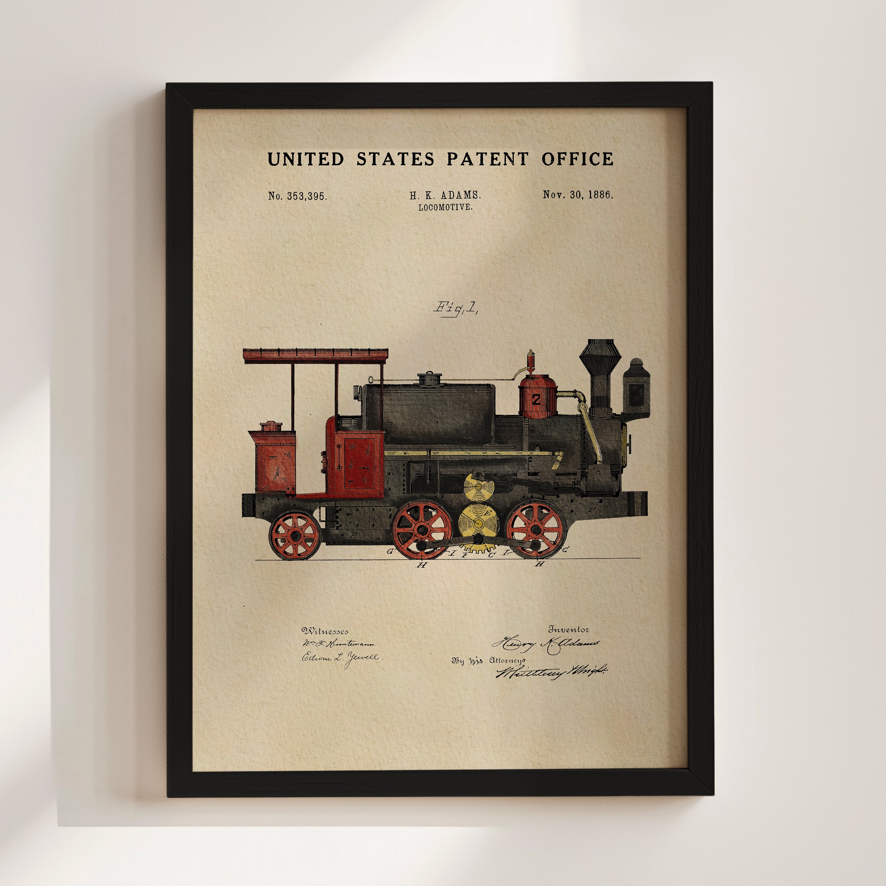 The image is a framed print of a vintage steam locomotive patent drawing from the United States Patent Office, dated November 30, 1885.