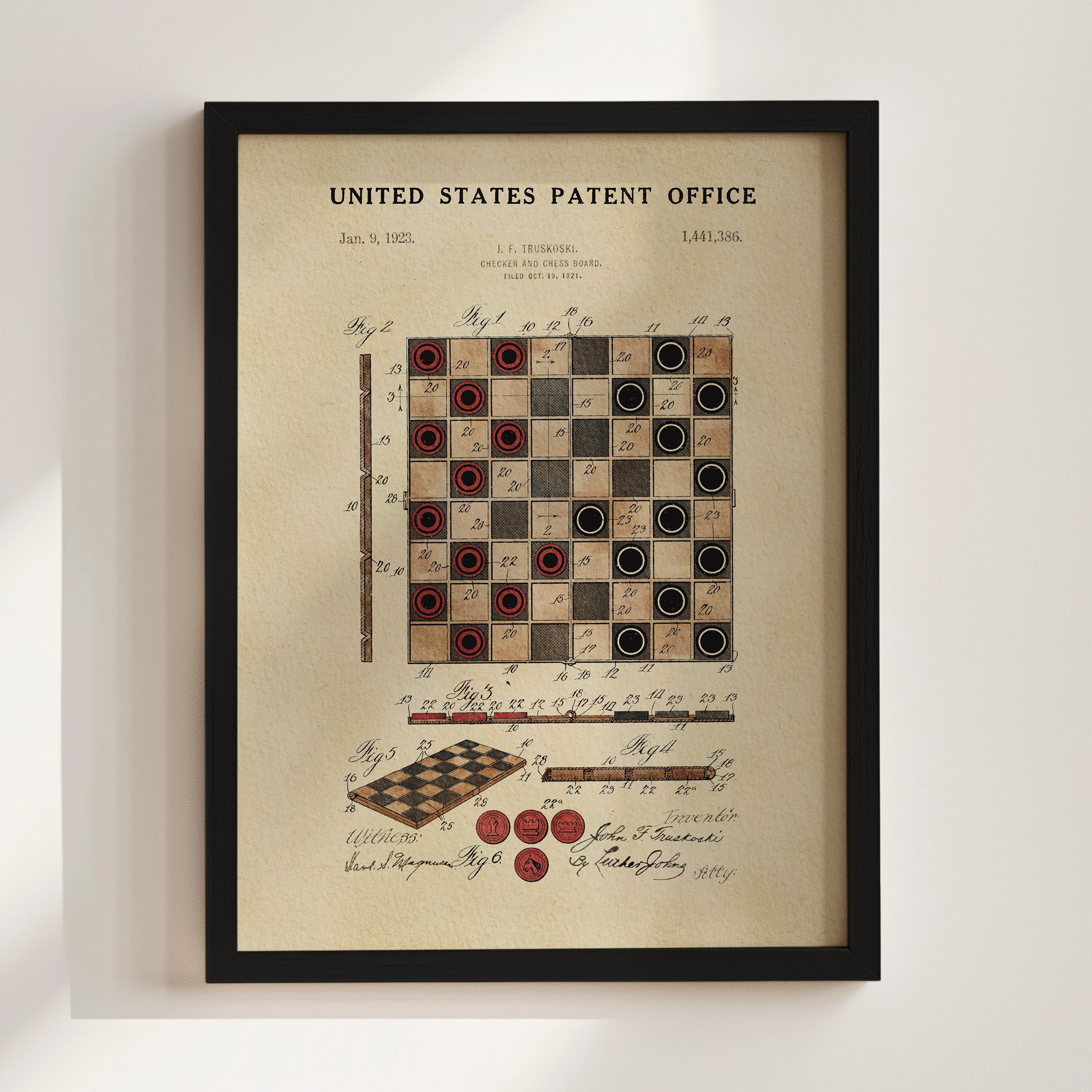 The image is a framed vintage patent drawing depicting a checkerboard with checker pieces and a diagram of the checkerboard.
