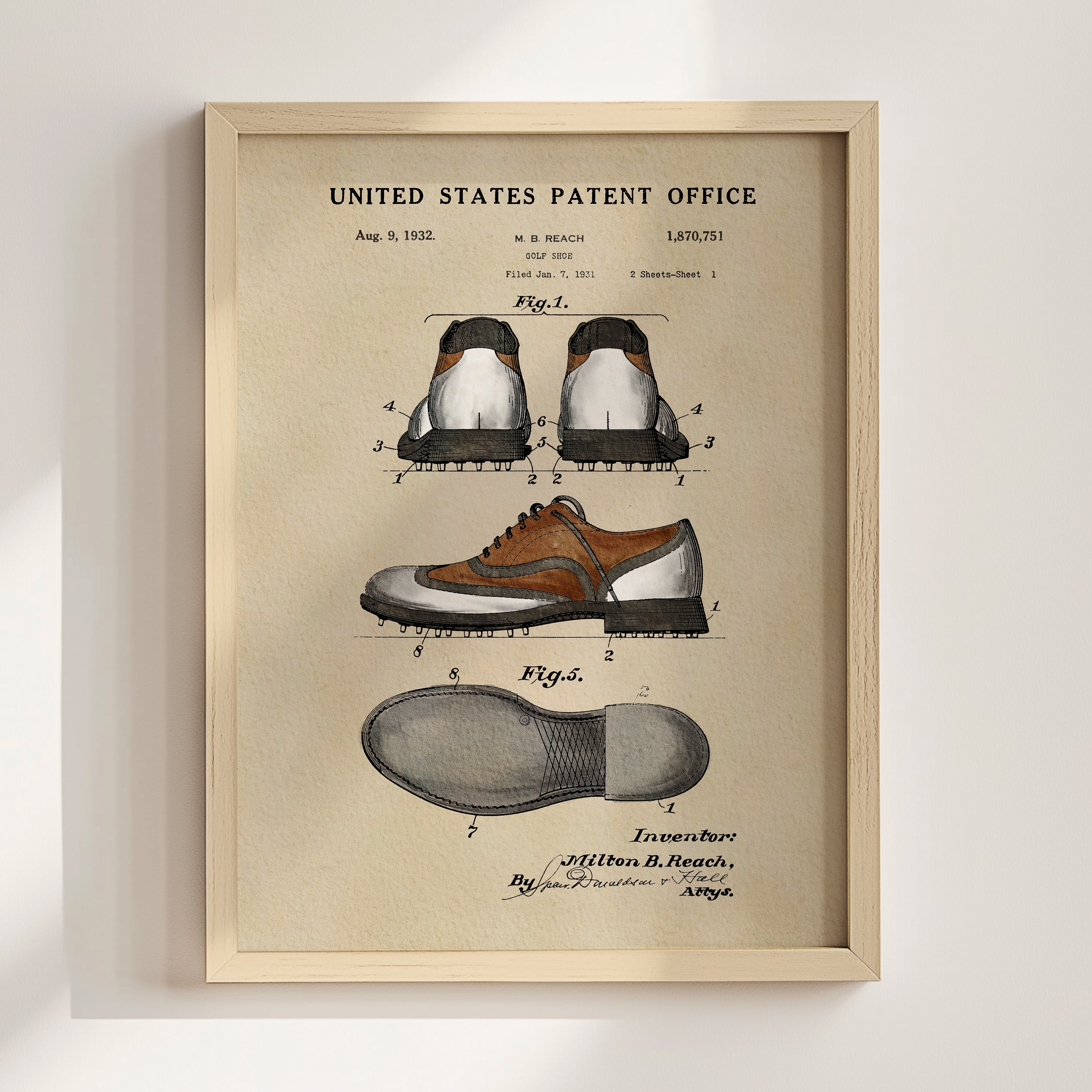 The image is a framed patent drawing depicting a pair of shoes, likely from the early 20th century, with detailed technical drawings and labels.