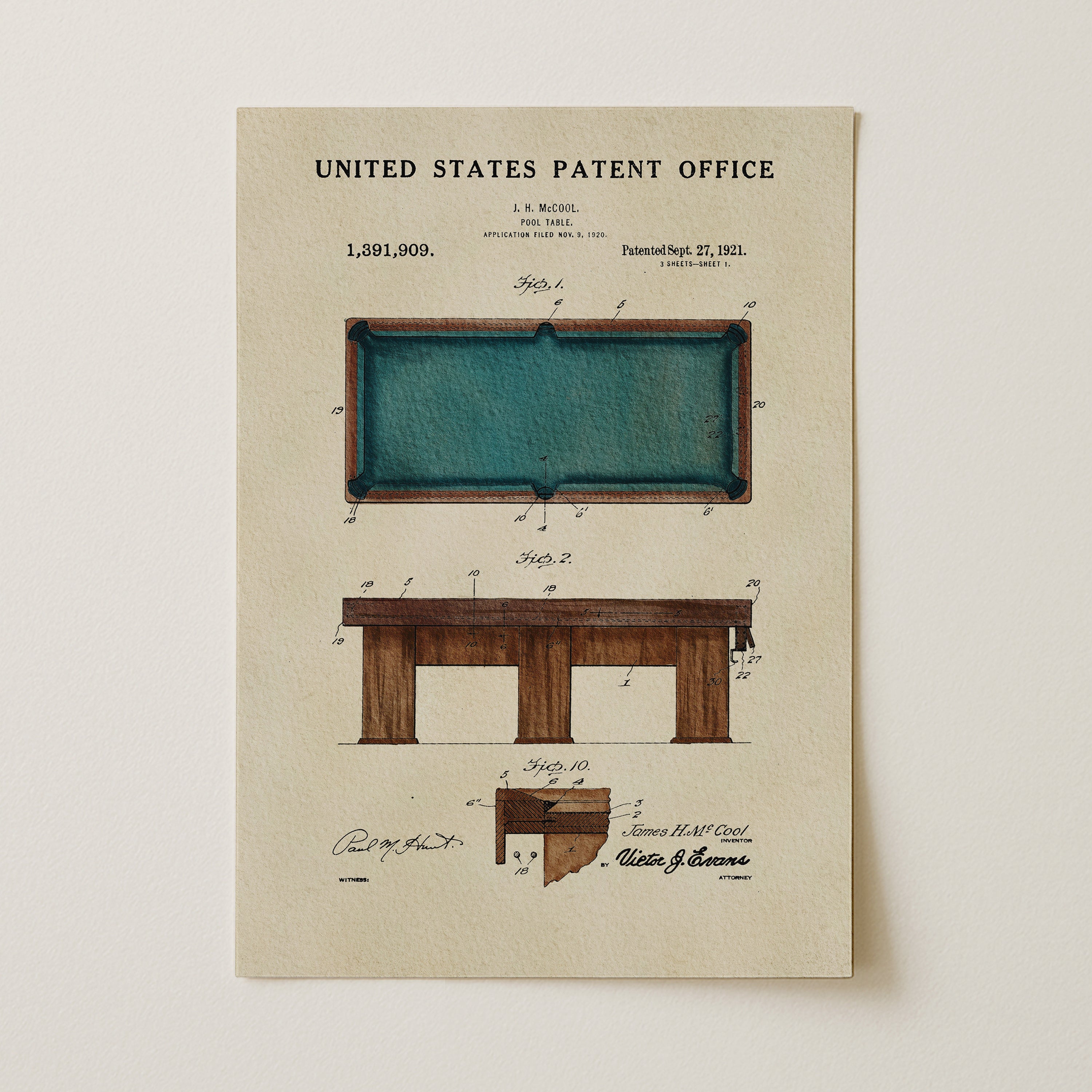 The image is a patent drawing of a pool table from the United States Patent Office, dated September 27, 1921.