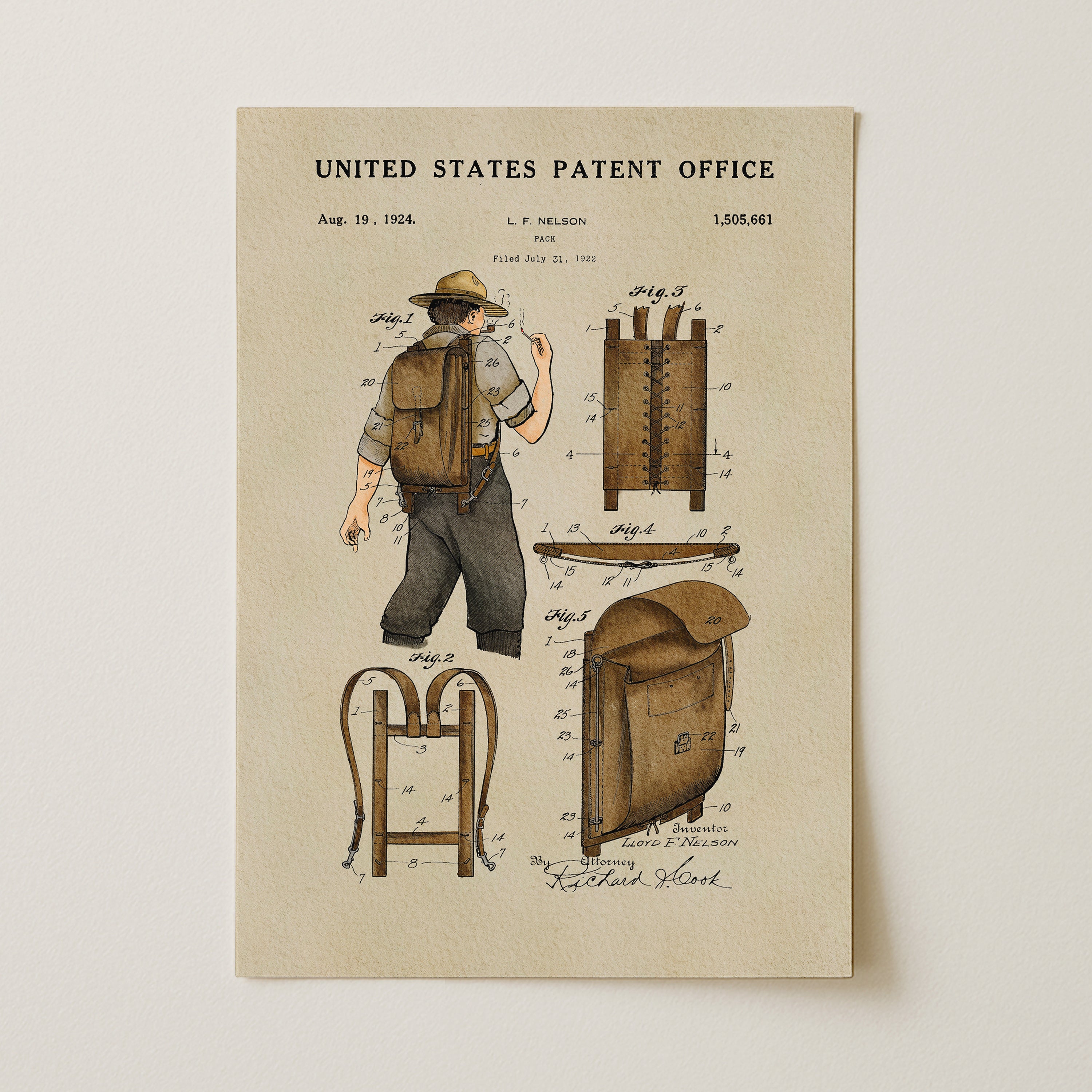The image is a patent drawing from the United States Patent Office, depicting a man's backpack and other related items.