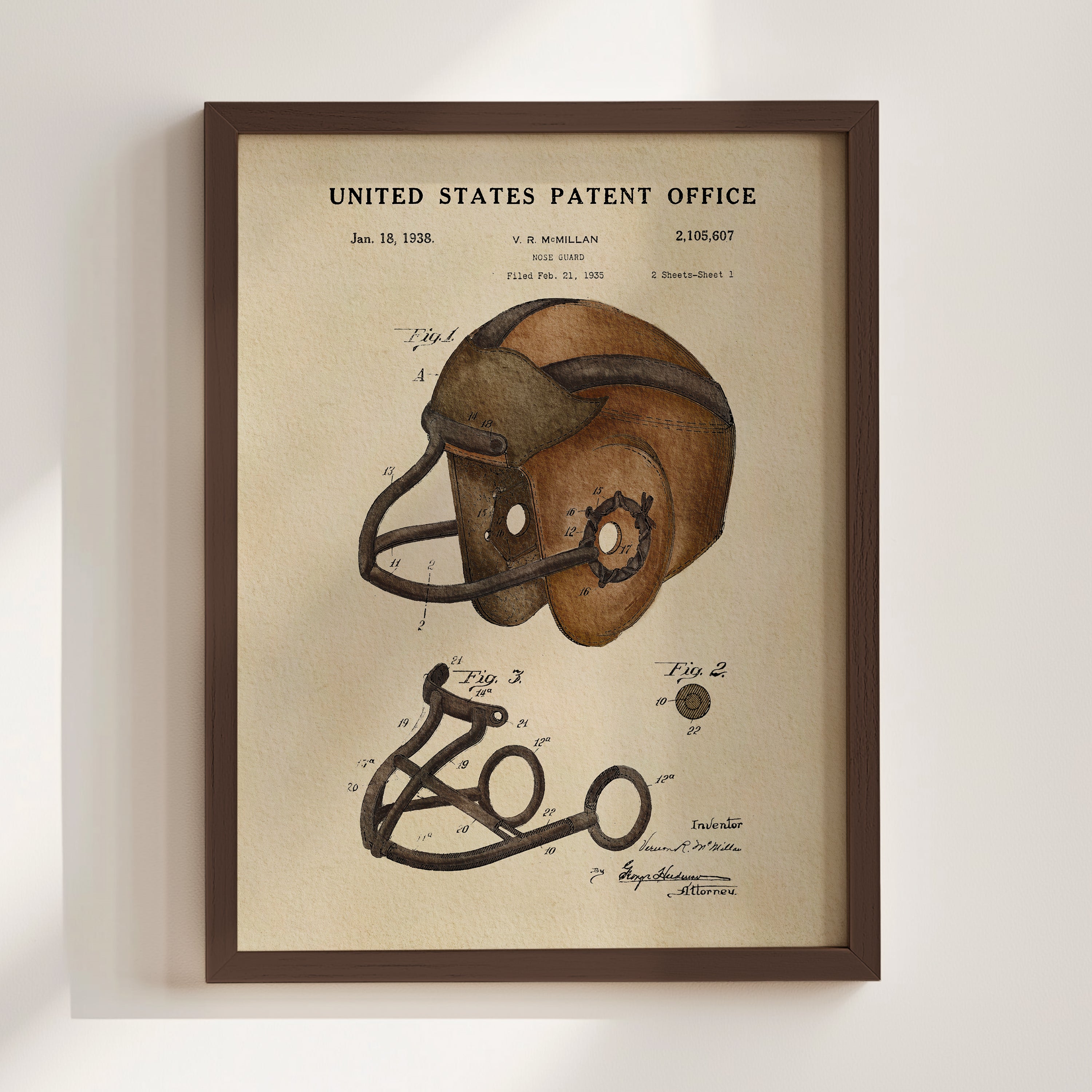 The image is a framed patent drawing depicting a football helmet with a face guard, dated January 18, 1938.