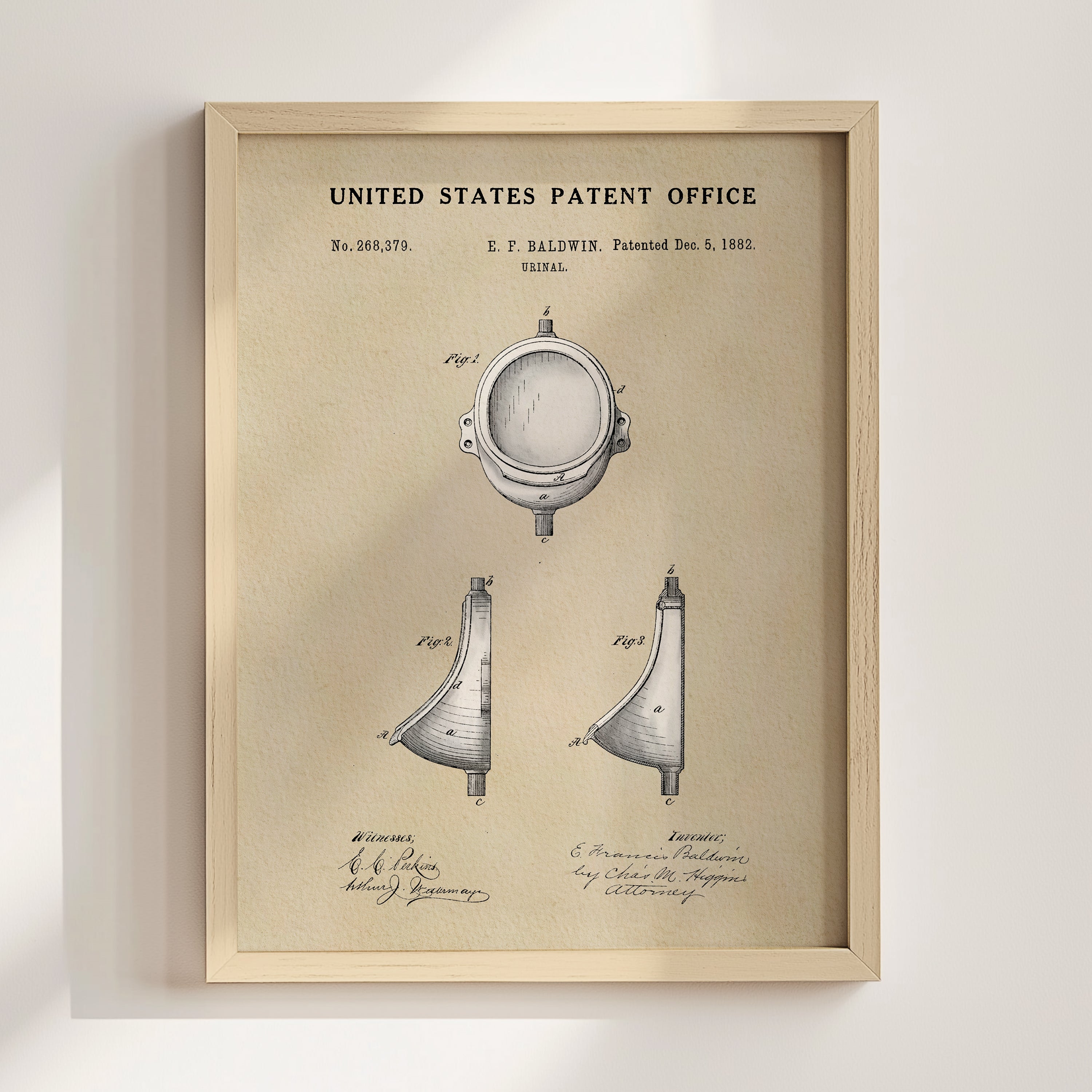 The image is a framed patent drawing depicting a toilet or commode, with accompanying technical drawings and annotations.