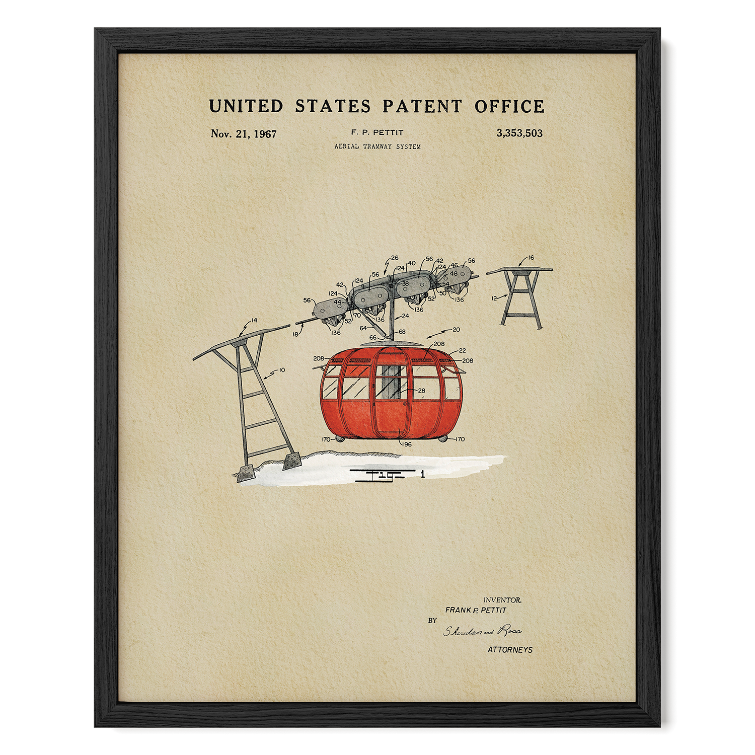 The image is a framed patent drawing depicting a red cable car or gondola, along with various technical drawings and specifications.