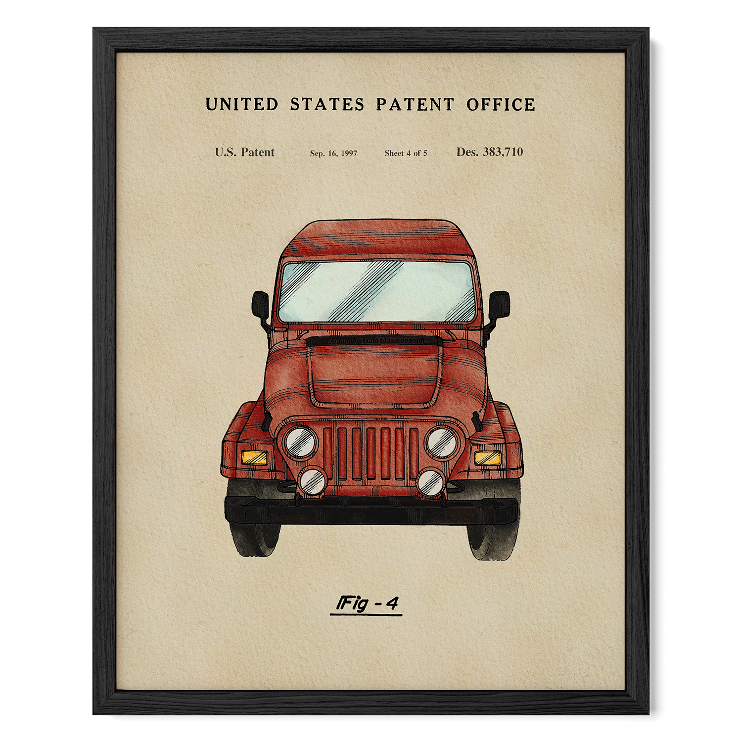 The image is a framed print depicting a red jeep, with the United States Patent Office and a patent filing date visible.